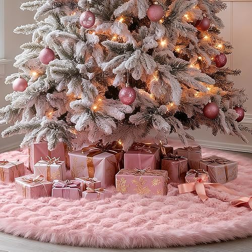 Falda de árbol de Navidad de 72 pulgadas, decoración de árbol de Navidad rosa para interiores, cuello de árbol de lentejuelas, alfombra de felpa de