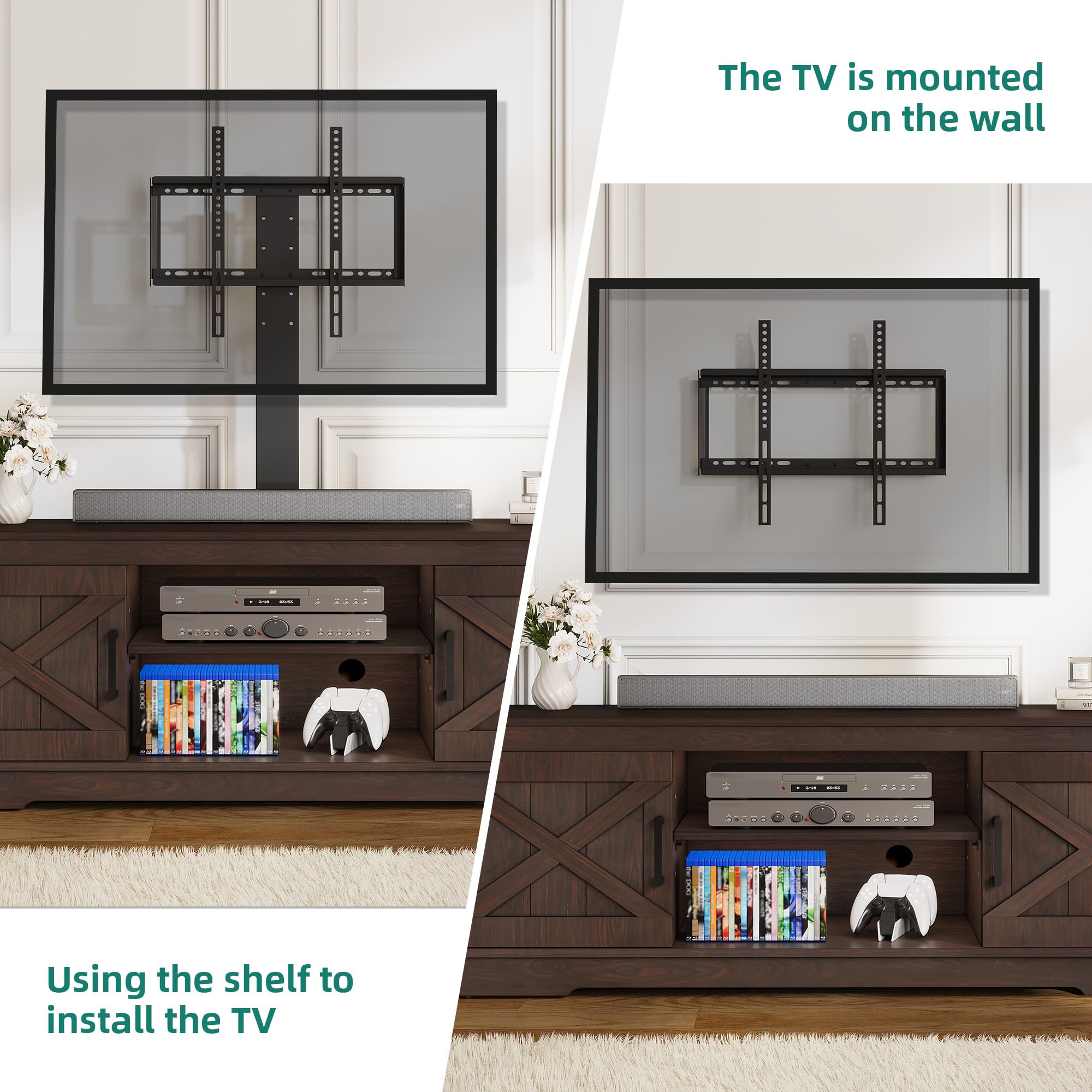 YITAHOME Farmhouse TV Stand with Mount, Sturdy TV Stand Mount for 32/45/55/60/65/70 inch TVs, Entertainment Center with Adjustable Shelf, TV Cabinet Media Console for Living Room, Espresso