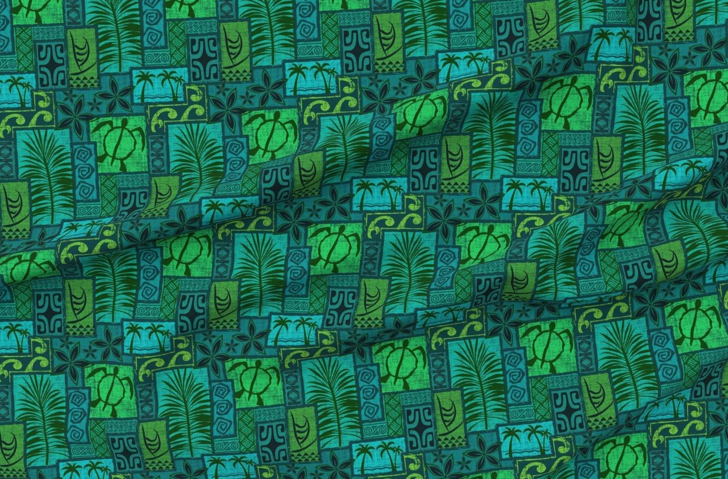 Spoonflower Fabric - Hawaiian, Moku Malihini, Blue, Green, Turtle, Tiki, Tropical, Printed on Polartec(R) Fleece Fabric by The Yard - Sewing Blankets Loungewear and No-Sew Projects