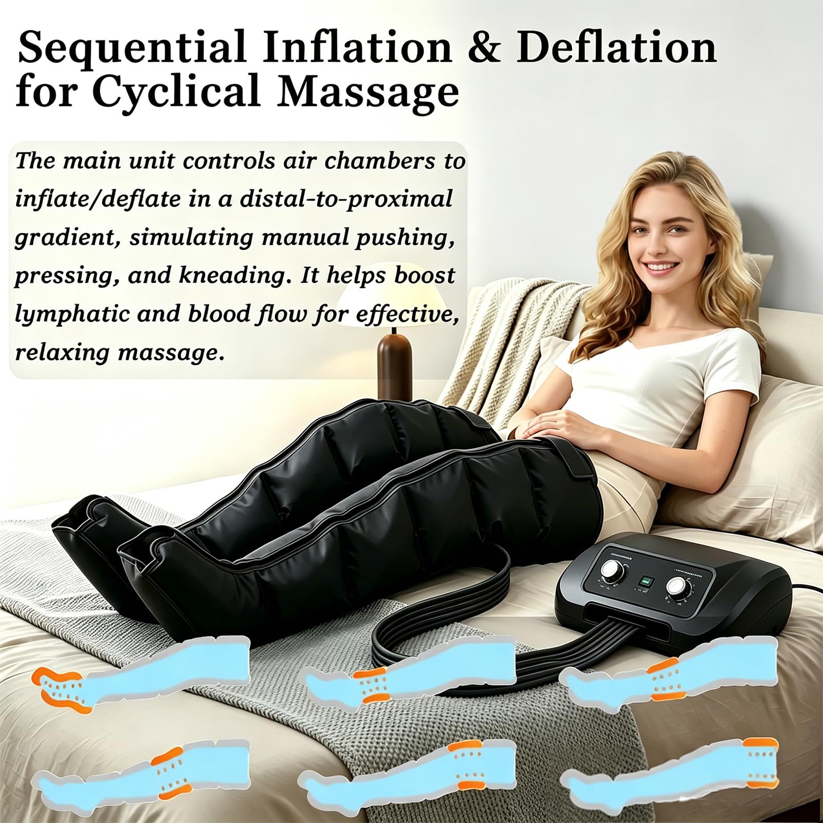 Presoterapia para Piernas y Abdomen y Brazos, Botas de Presoterapia 6 Camaras,Maquina Drenaje Linfatico Profesional,0-30 Min,0-240 mmHg,Silenciosas,Uso Domestico
