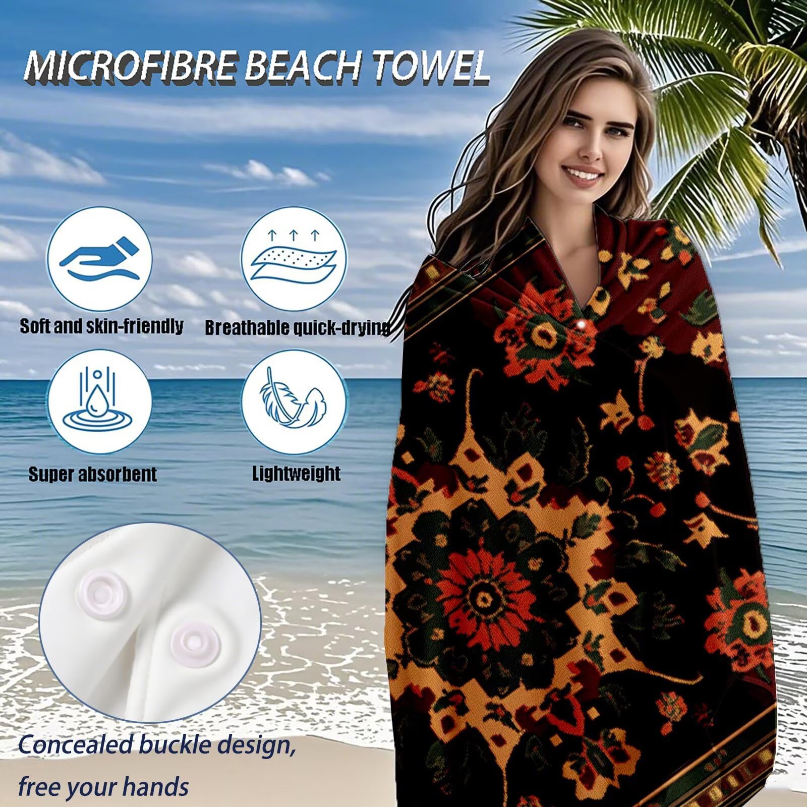Mikrofaser Strandtuch 180x90 cm, Strandtuch Retro Sandfrei, Schnelltrocknendes und Strand Sonnenschutz Funktion Mikrofaser Handtuch groß für Badezimmer Strand Schwimmen Camping Strand Zubehör Q-520