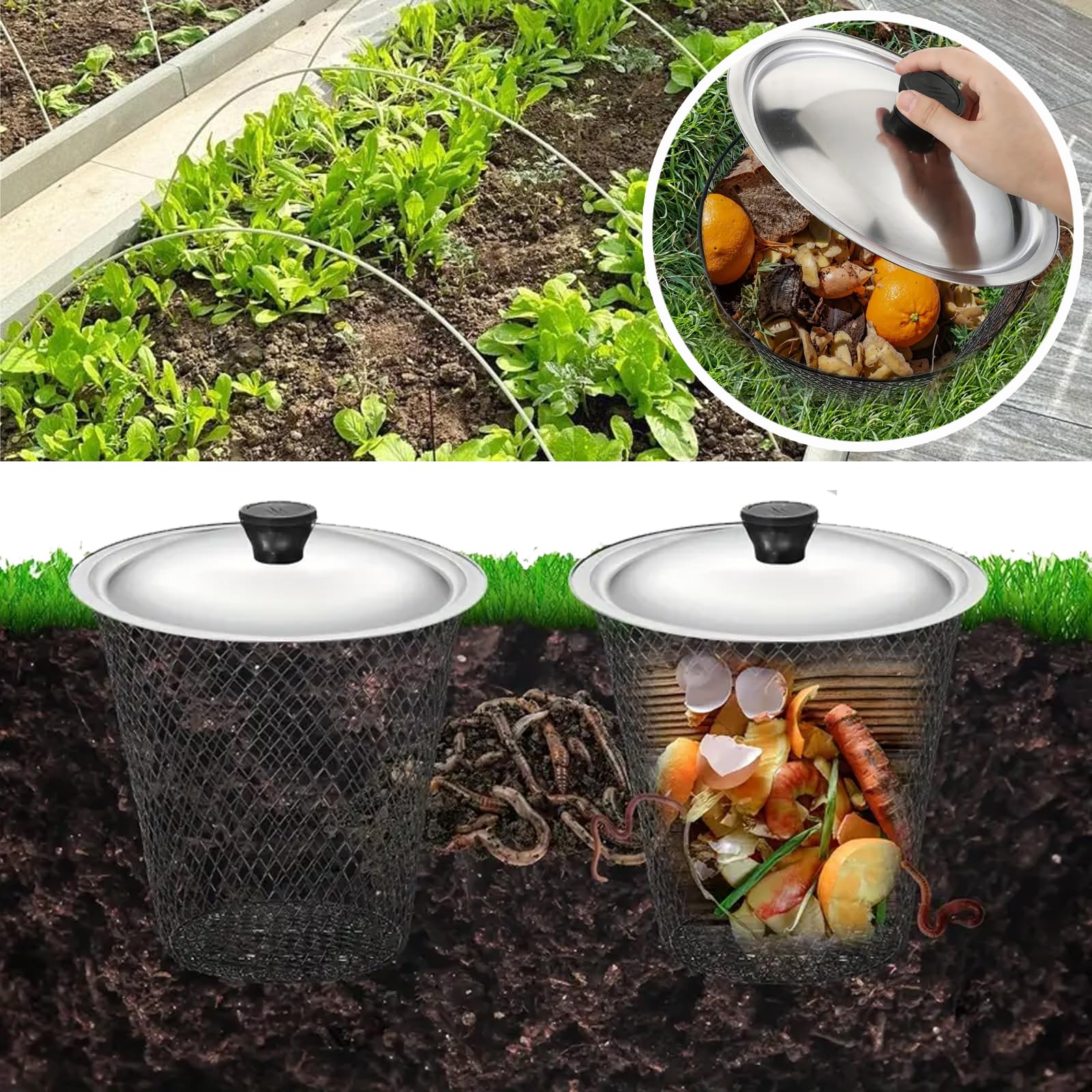 Compostador de gusanos subterráneo con tapa, paquete de 6 cajas de lombrices, sistema de compostaje rápido para residuos de jardín, contenedor de abono al aire libre para jardín, patio, solución de