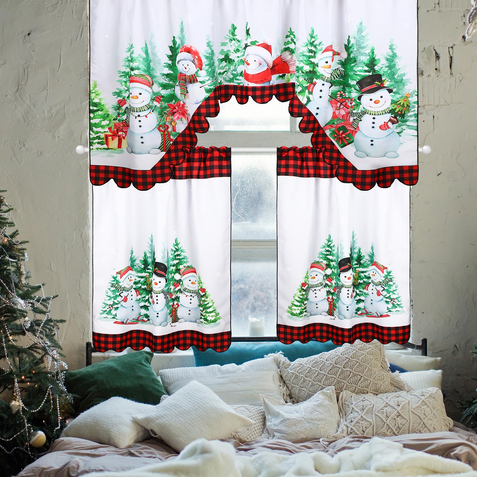6 Pcs Christmas Kitchen Curtains Window Curtains and Valance Set Snowman Christmas Tree Gnome Buffalo Plaid Christmas Curtains Swag for Bedroom Living Room, 60 x 36 Valance, 36 x 30 Tier (Snowflake)