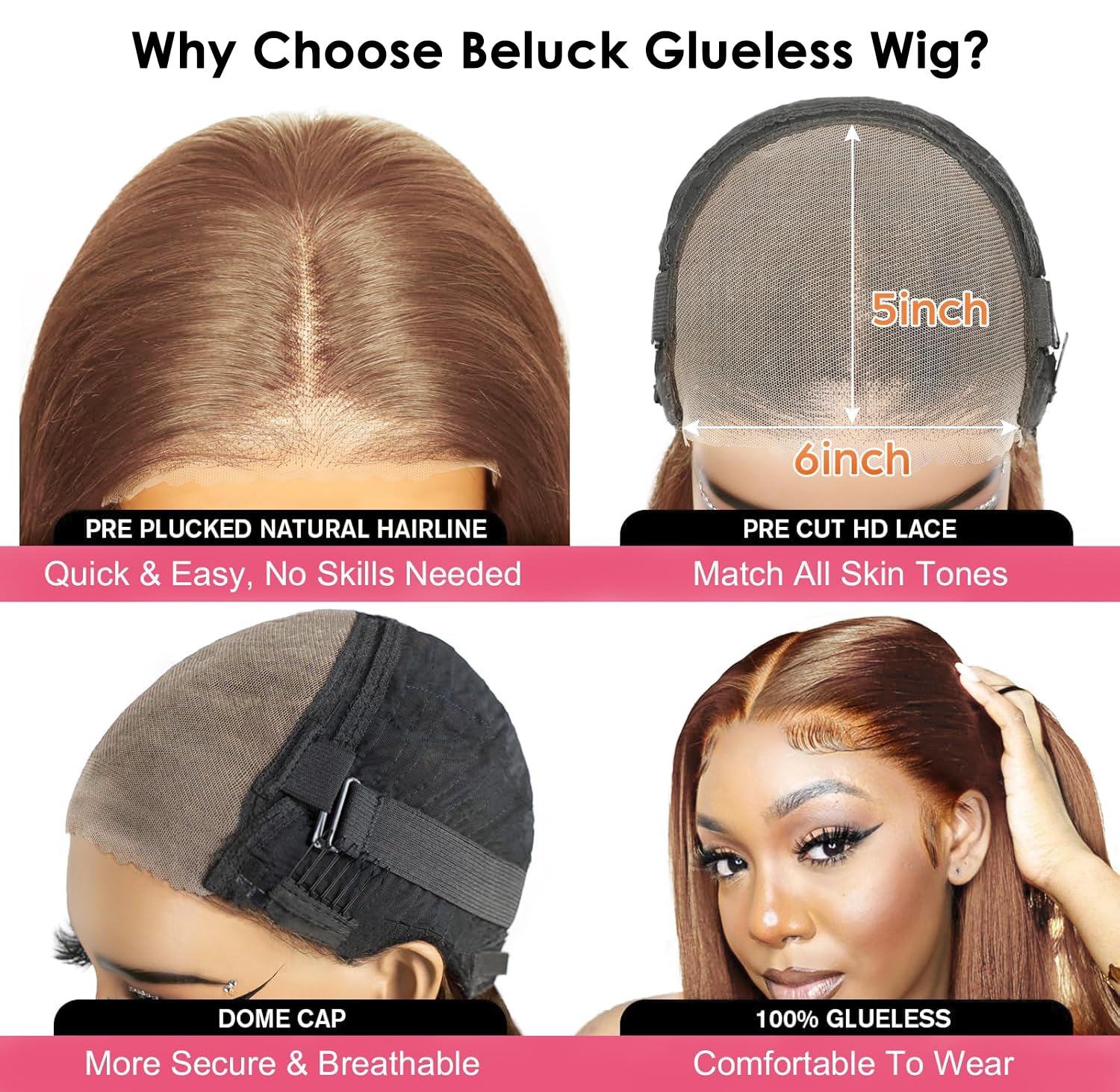 Glueless Wig Human Hair Chocolate Brown 5x6 Pre Cut Lace Wig Human Hair For Black Women, Perruque Femme Naturelle Brésilien Perruque Cheveux Humain Sans Colle Marron Chocolat Straight Wig 18 Pouces