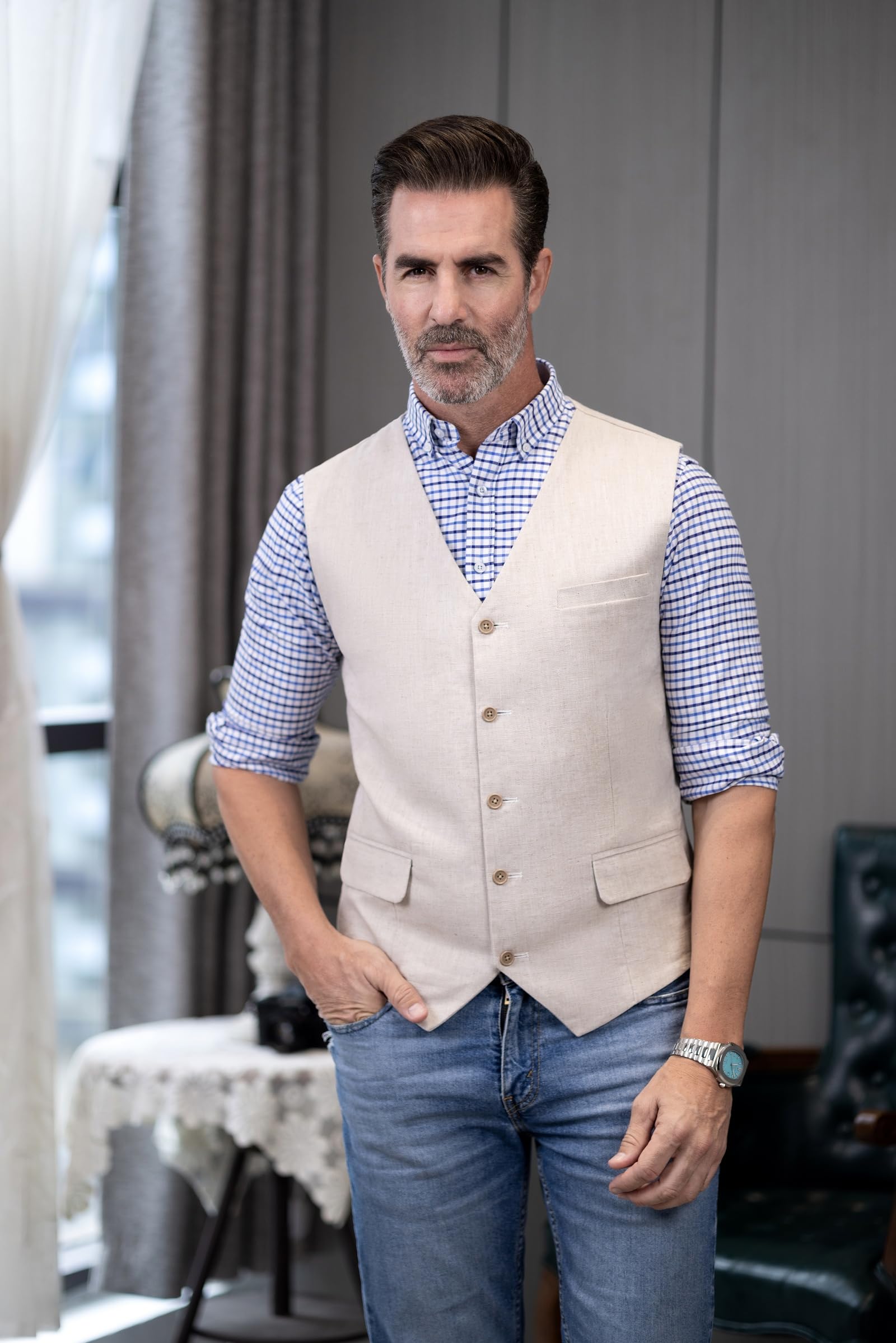 Chaleco de lino de verano para hombre, corte regular, traje clásico, chaleco para bodas y fiestas (beige, XXL), beige, XXL