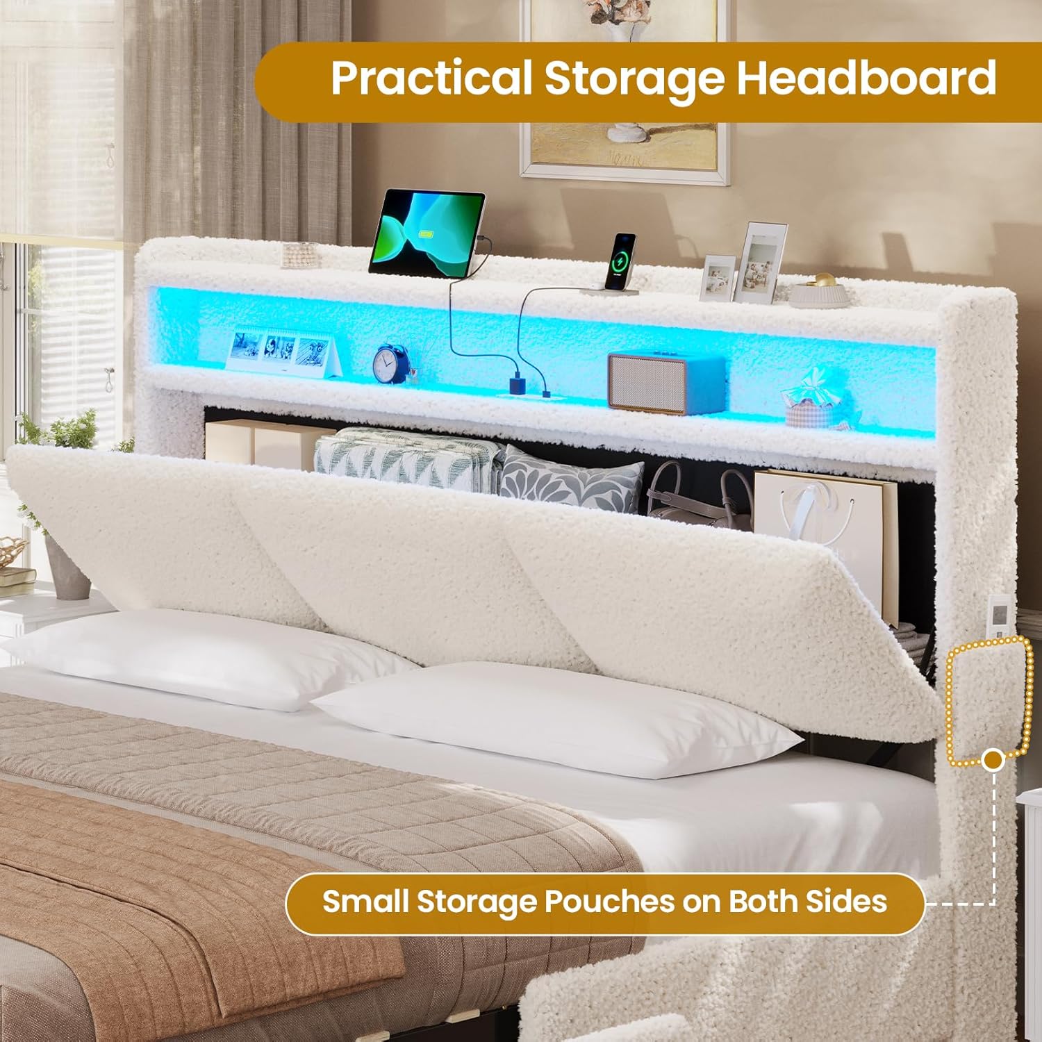 VIAGDO King Bed Frame with Storage Headboard and Charging Station, Boucle Upholstered Bed Frame King Size with 4 Drawers and LED Lights, Type C and USB, No Box Spring Needed, Cream White