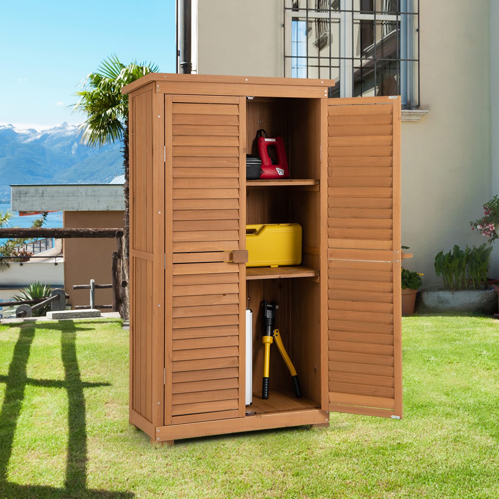 COSTWAY Gartenschrank Holz, Gerätehaus wetterfest, Geräteschuppen mit 3 herausnehmbaren Regalen, Werkzeugschrank Holzschuppen Garten Schuppen, Gartenschuppen Geräteschrank, 82x42x160cm