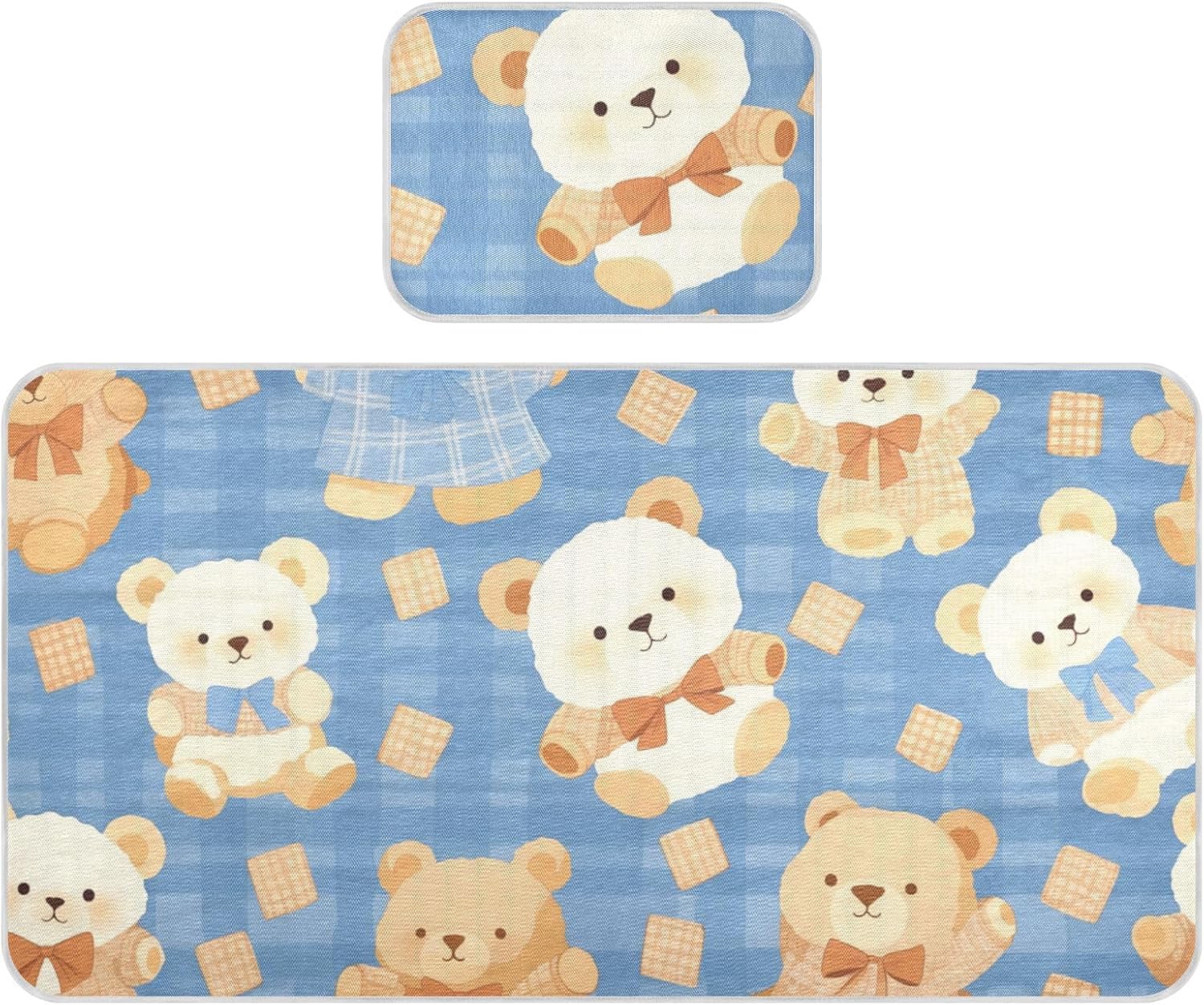 Cartoon Bears Cute Plaids Cooling Baby Mattress Protector Crib 28" x 52" Absorbent Bed pad for Baby&Toddler