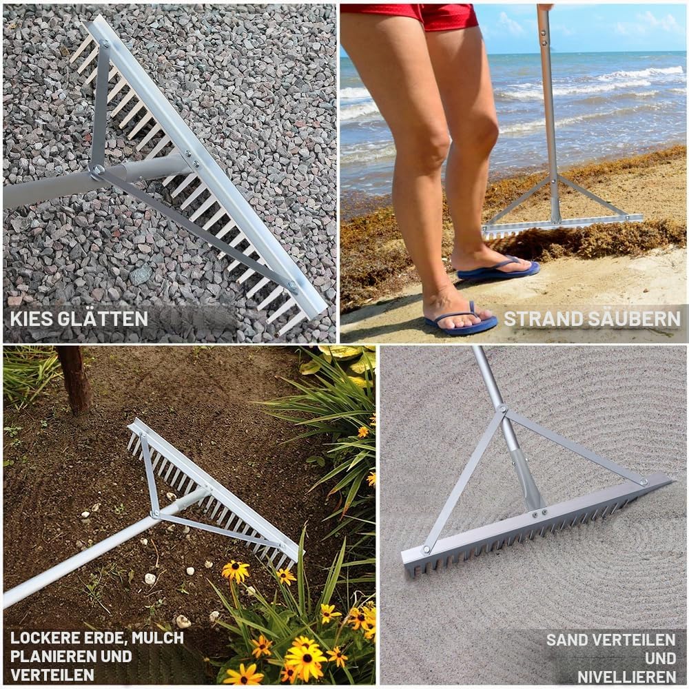 Colwelt Landschaftsrechen, 24 Zinken, Aluminium-Landschaftsbau-Rechen mit 173 cm Griff, Kies-Gartenrechen-Werkzeug für Strand- und Rasenpflege
