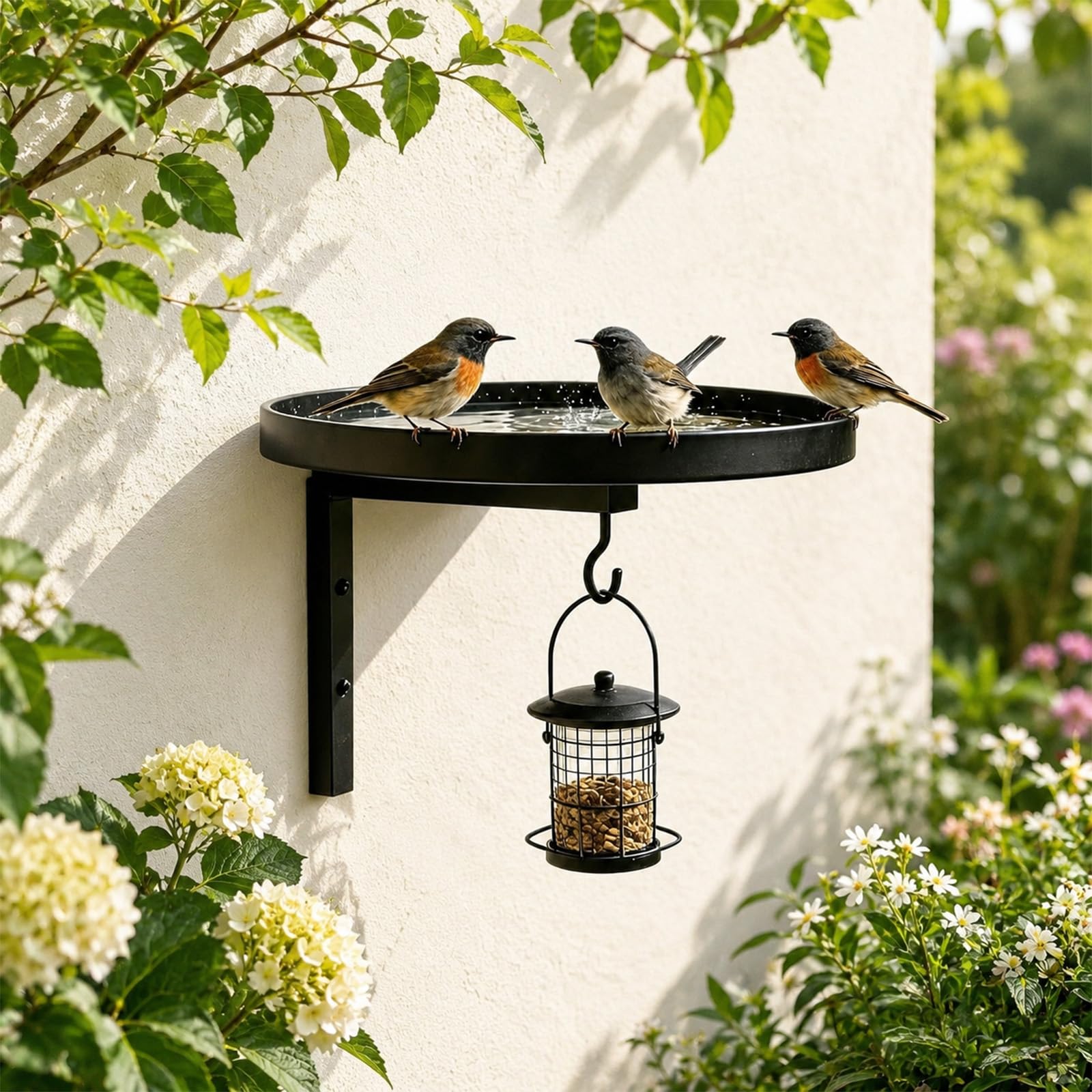 Wall Mounted Bird Bath For Garden, 2 In 1 Metal Fence Mounted Bird Bath, Sturdy Fence Bird Feeders Hanging Station For Fence Balcony Patio Deck Outdoor Decor
