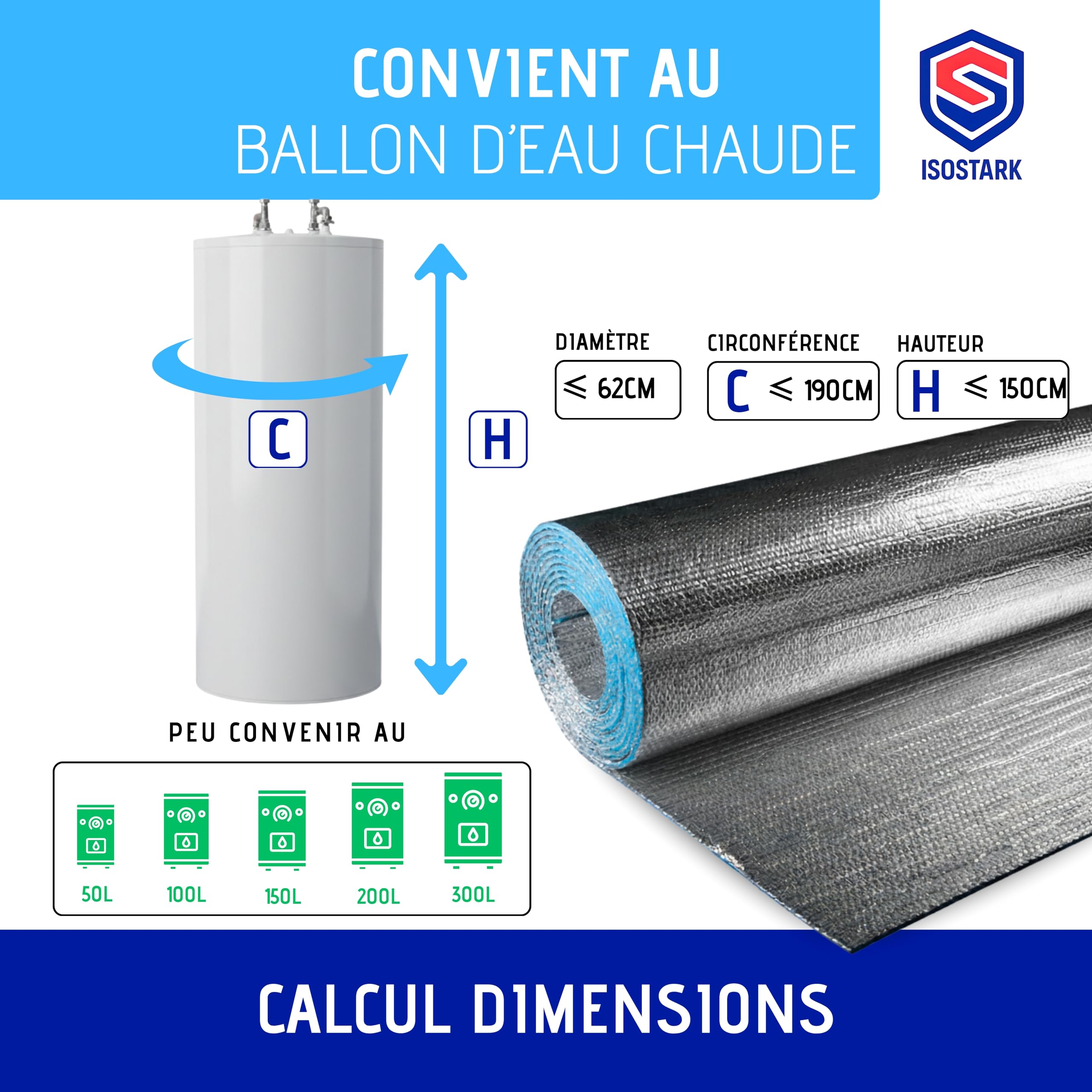 ISOLANT BALLON EAU CHAUDE | Housse pour ballon d’eau chaude jusqu’à 300L | Isolation thermique 4 couches premium | Auto-Adhésive Installation rapide | Avec Ruban isolant