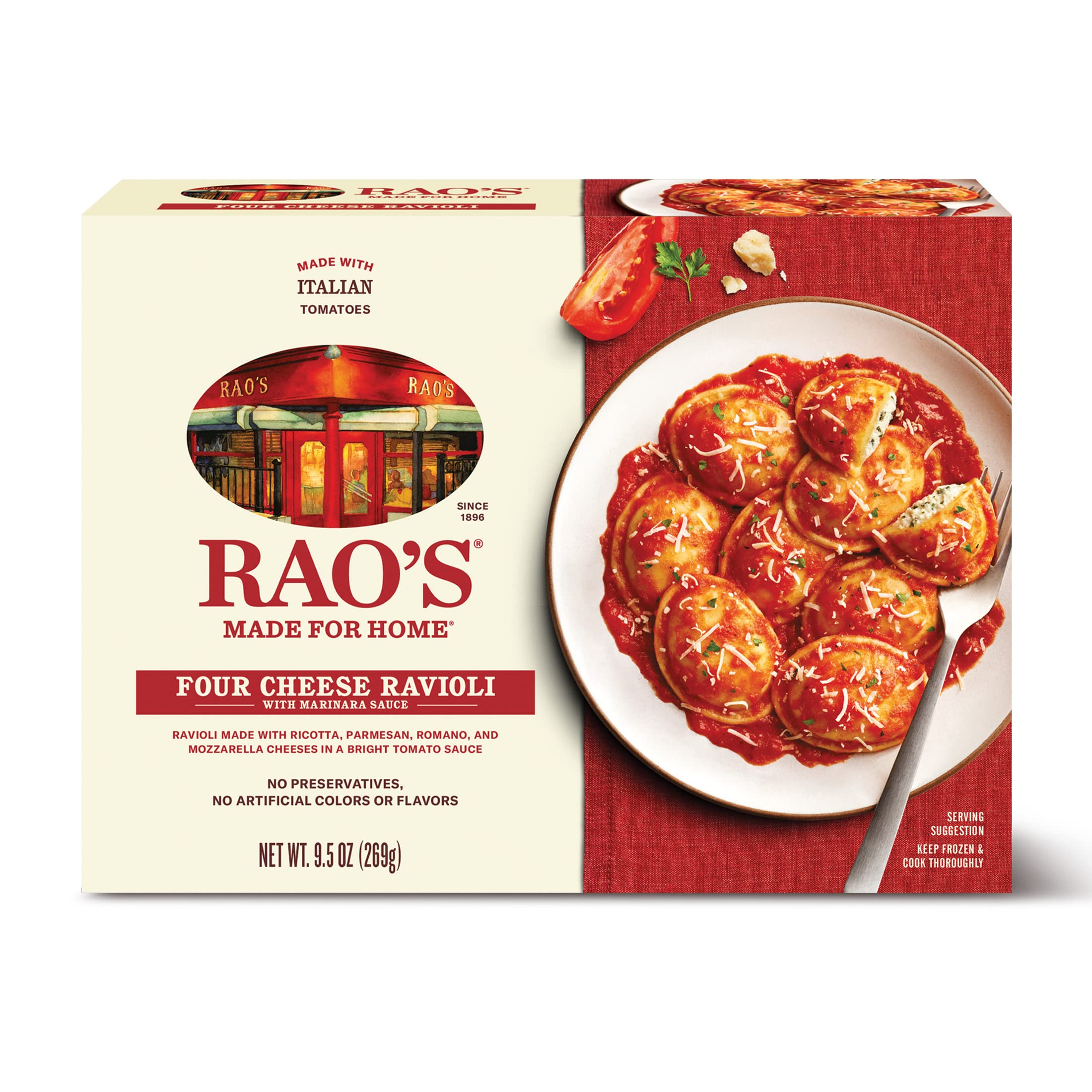 Rao's Made For Home Four Cheese Ravioli, Frozen Entree, 9.5oz, All Natural Premium Quality, No Preservatives, No Artificial Colors or Flavors