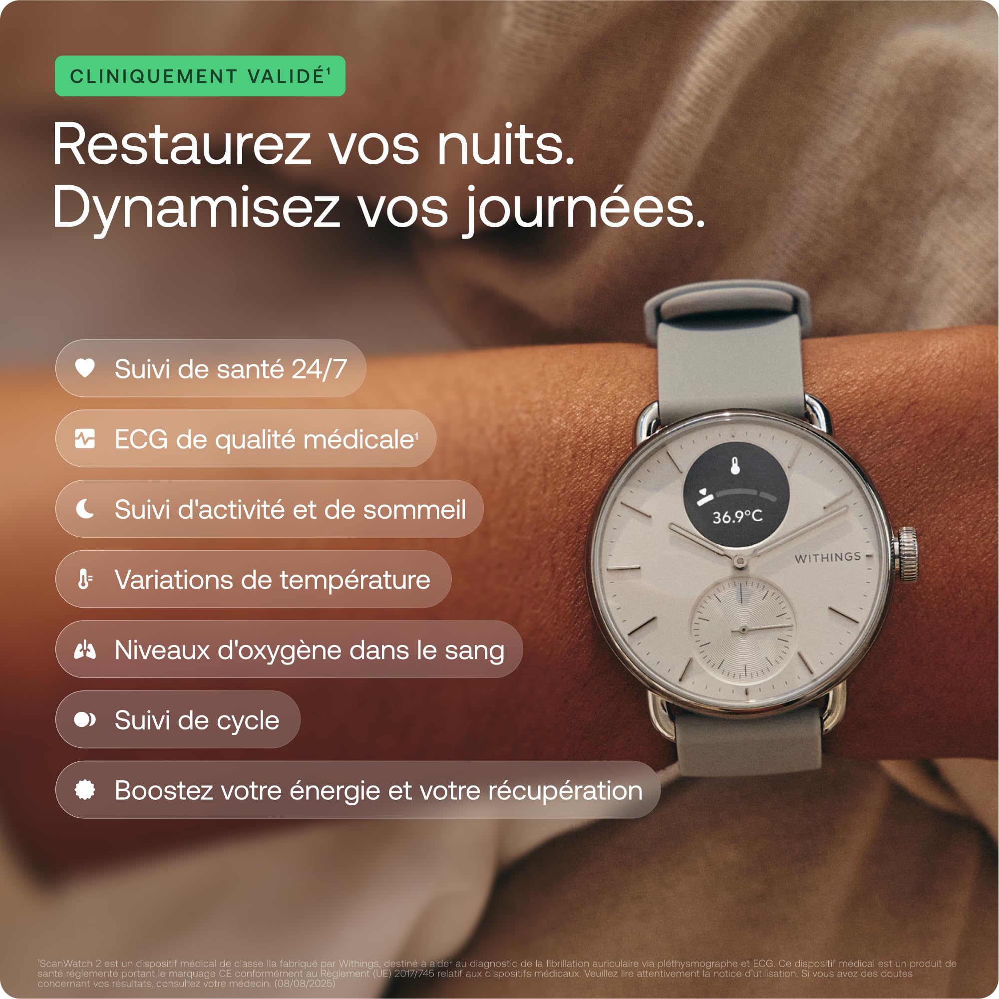 Withings ScanWatch 2 - Montre connectée, ECG, SpO2, température, Suivi du Sommeil, santé respiratoire, activités, Calories, étanche, Batterie de 35 Jours, Android & iOS, 38mm, Rosegold