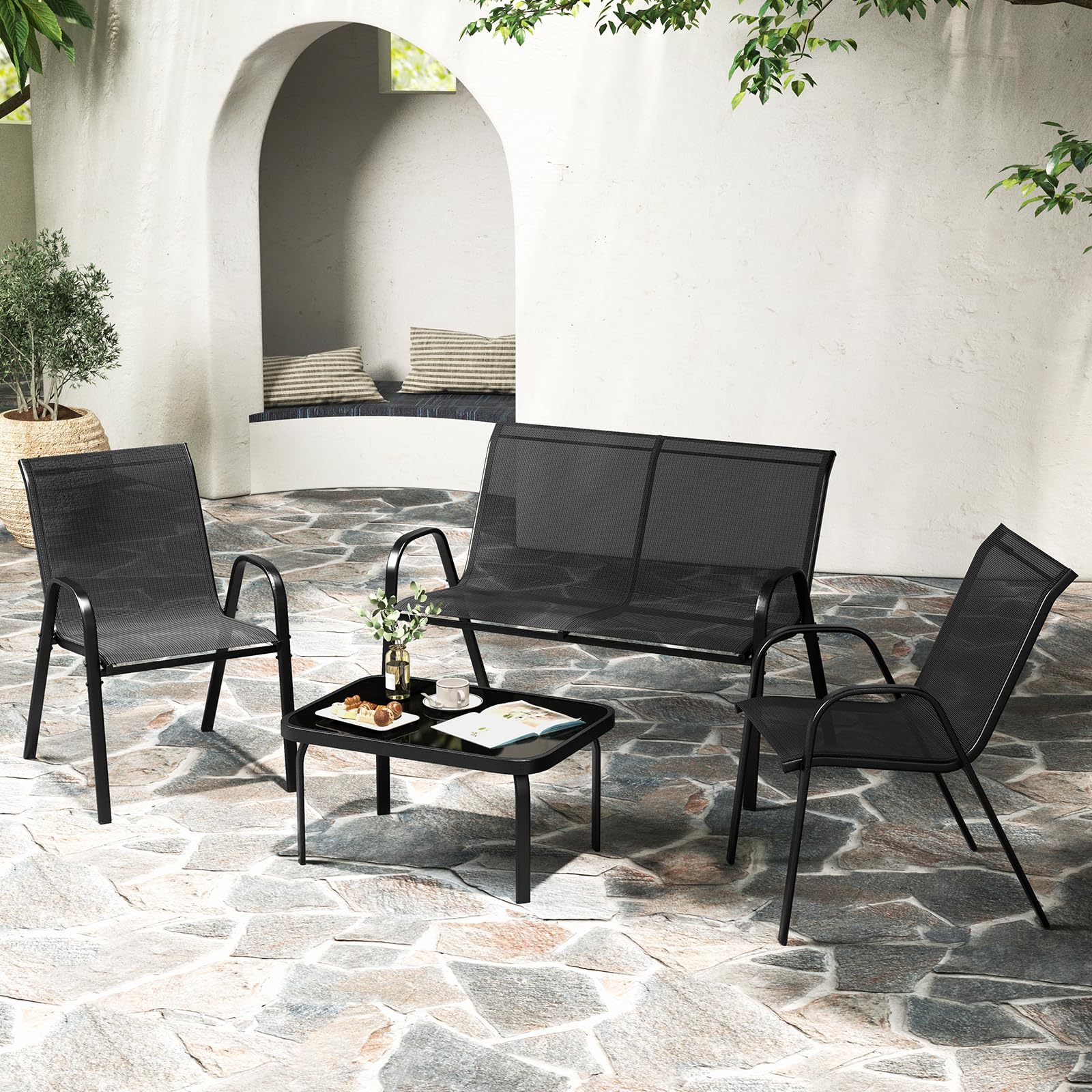 COSTWAY Set Tavolo e Poltrona da Giardino, Set di Mobili 4 Pezzi per Esterno, con Tavolino in Vetro Temperato, Panca e 2 Poltrone, per Giardino Balcone Piscina (Nero)
