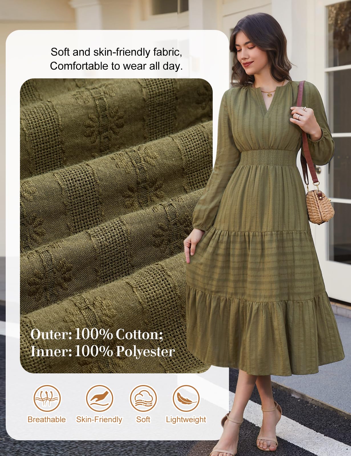 Robe Femme Manches Longues Col en V Automne | Taille Haute, A-ligne, Coton, Robe Décontractée, Taille Froncée, avec Poches, Chic Et Elegant, Printemps, Automne, Hiver
