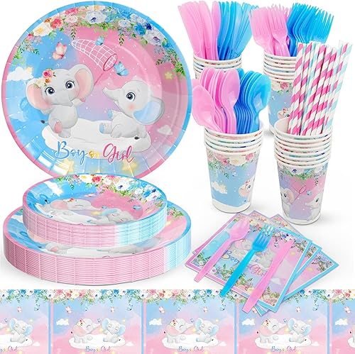 Miniatura 1 de 201 piezas de vajilla para fiesta de revelación de género para 25 invitados, juego de vajilla para fiesta de baby shower, platos de fiesta de