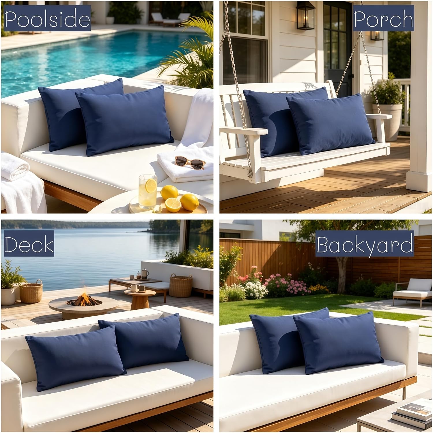 Outdoor Lumbar Pillows 2 Pack 12x20 Inch, Waterproof Patio Throw Pillows with Soft Plush Filling, Decorative Rectangle Accent Pillows for Outdoor Furniture, Pool, Porch, Couch, Navy Blue