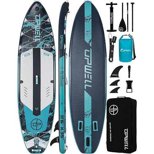 UPWELL 10'6"/11'/11'6" Inflatable Paddle Board, Stand Up Paddlboard for Youth & Adults, Stable Design, Premium SUP Accessories, Backpack, Leash, Hand Pump, Fins