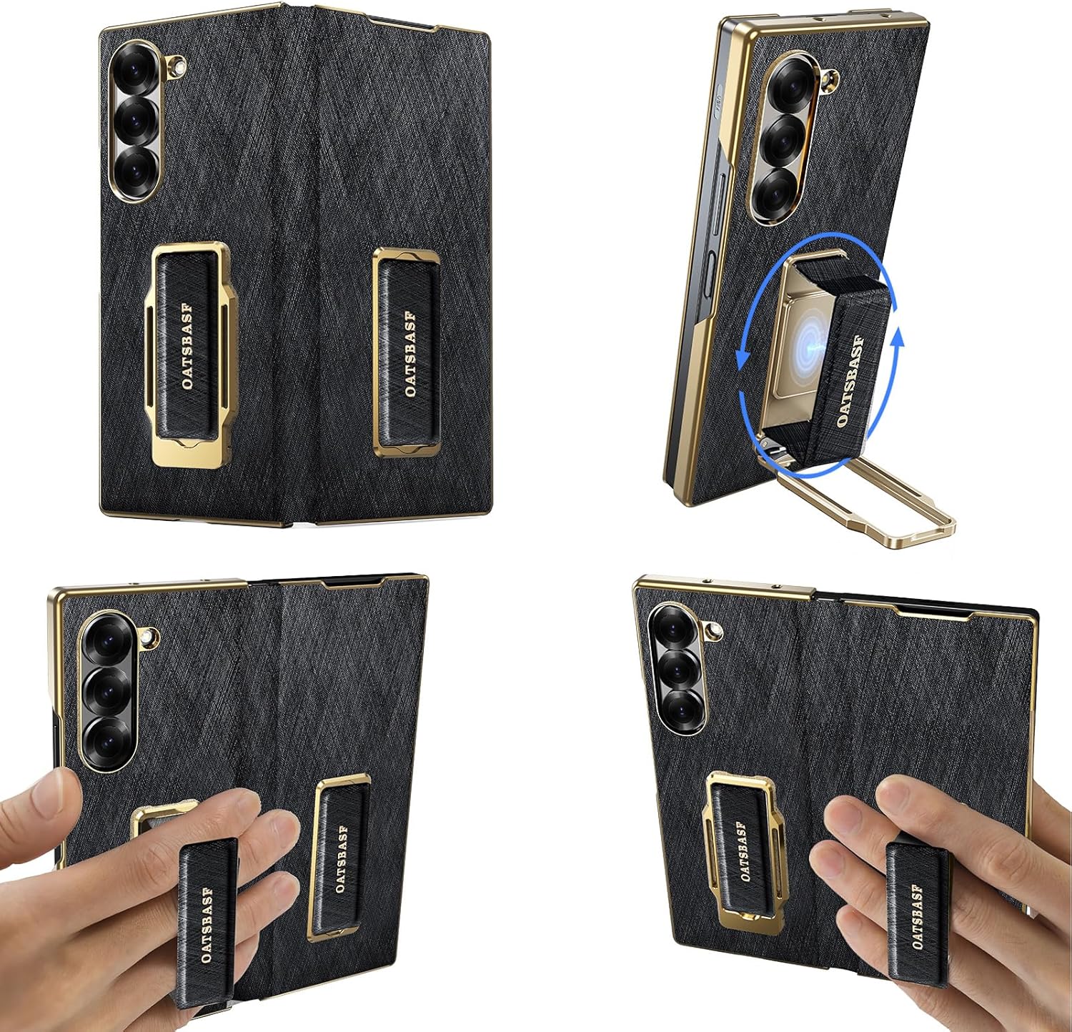 for Samsung Galaxy Z Fold 6 Leather Case with Grip Ring Finger Strap,360°Rotatable Stand,Built-in Screen Protector Full Body Phone Cases,Anti-Scratch Shockproof Wristband Flip Cover(Gray)