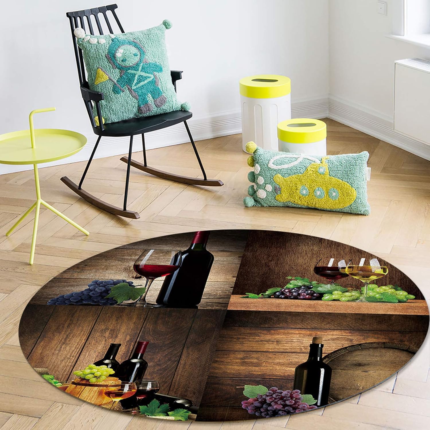 Round Area Rugs Collection 5', Vintage Brown Wooden Board Non Slip Indoor Circular Throw Runner Rug Floor Mat Carpet for Living Room Dining Table Bedroom Nursery Decor Grape Wine