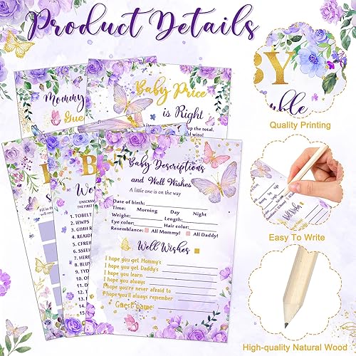 Miniatura 3 de Nuanchu Juego de 145 piezas con temática de mariposas para baby shower, 25 hojas cada una con 20 lápices, bingo de baby shower, adivina quién,