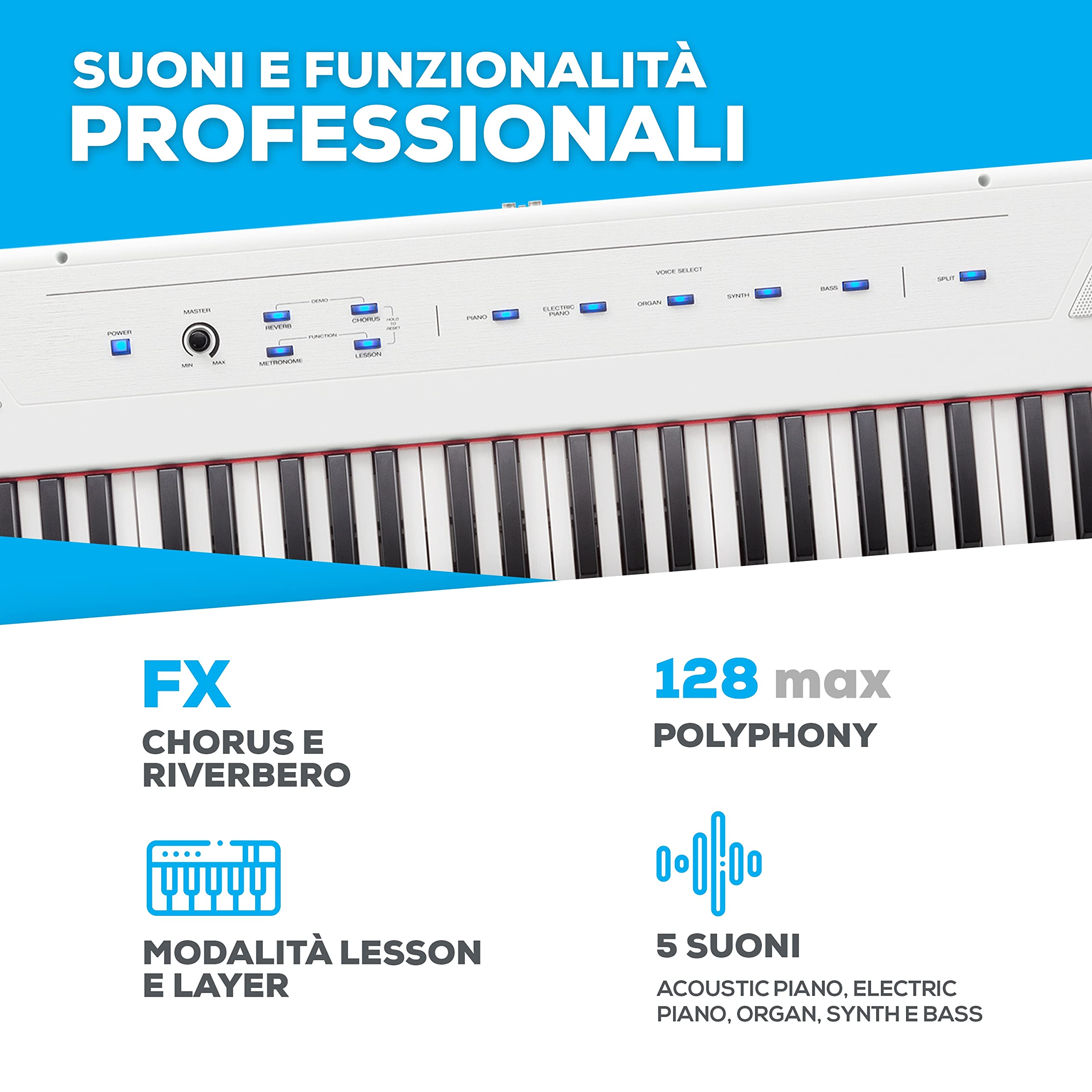 Alesis Recital White + M-Audio SP-2 - Pianoforte Digitale con Casse, 5 Suoni, 88 Tasti Semi Pesati, 3 mesi di Lezioni Gratis + Pedale di Sustain Universale
