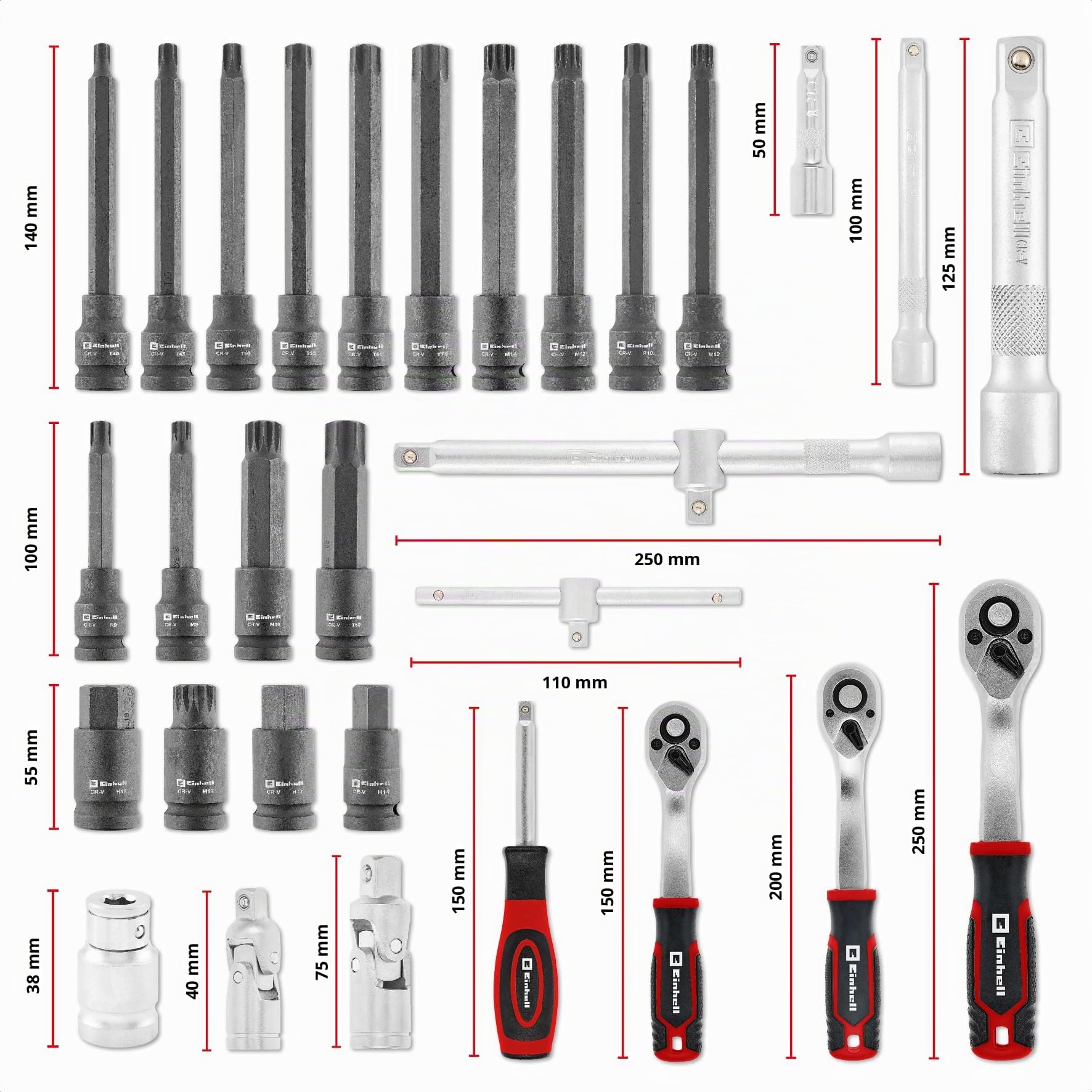 Original Einhell E-Case valigetta attrezzi 121 pezzi auto (professionale auto, set bussole, bussole porta inserti, inserti impact, bussole candele, cricchetti reversibili, valigetta sistema)