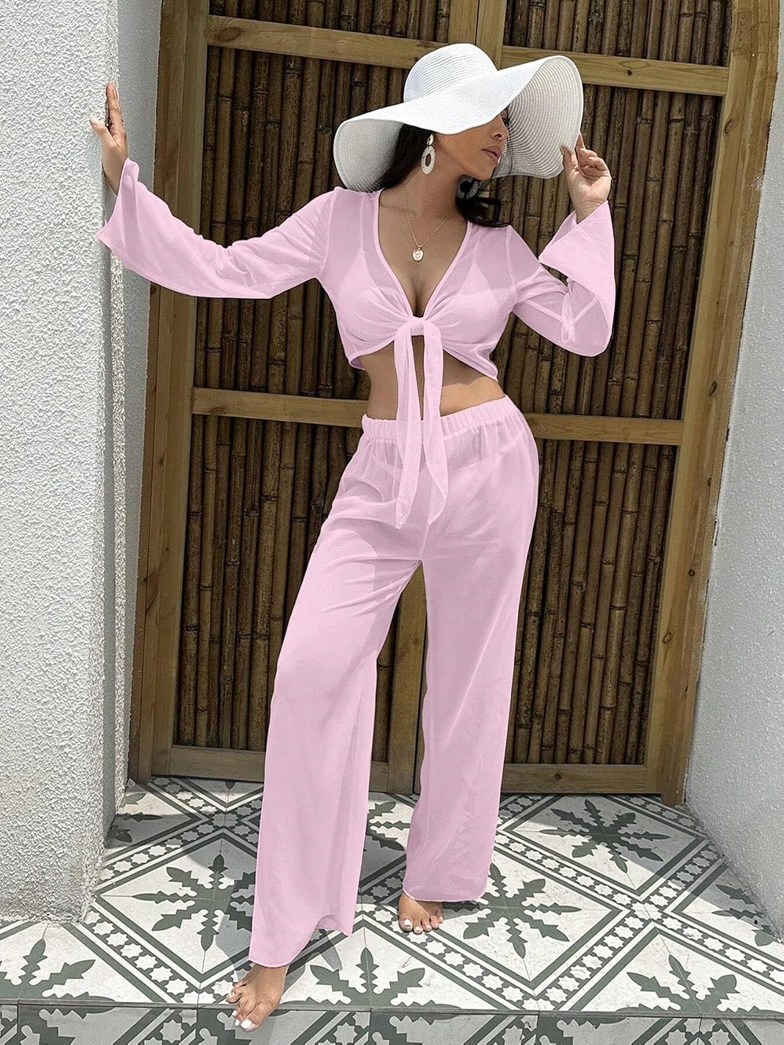swimsuit coverup for women Summer Beach Solid Knot Front Cover Up Set