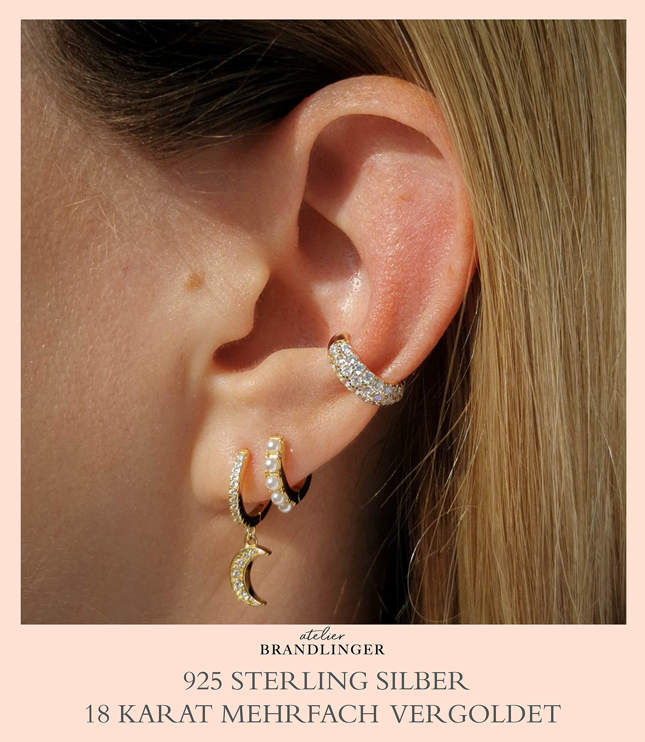 Brandlinger ® Ear Cuff Silber 925 (1 Stück). Ohrklemme mit Stein Zirkonia bunt oder weiß. Schmuck Damen vergoldet mit 18 Karat (Silber und Gold) für Frauen und Mädchen. Durchmesser Ear Cuff 13mm.