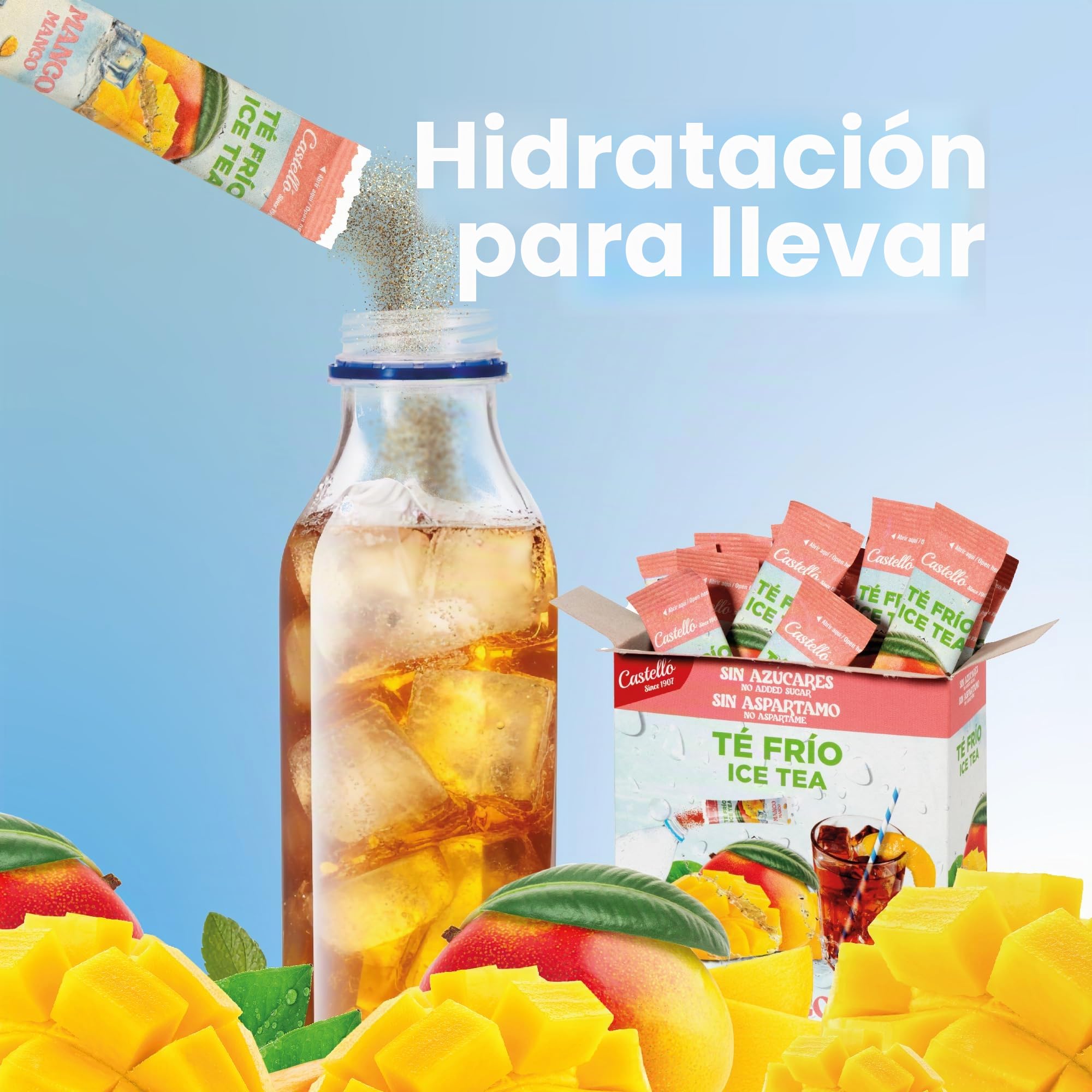 Castello since 1907 Té Frío (Ice Tea - Iced Tea) Zero & Instantáneo | Mango | 15 sobres | 1 sobre = 500 ml de Té | 0 Calorías | 0 Azúcar | 0 Aspartamo