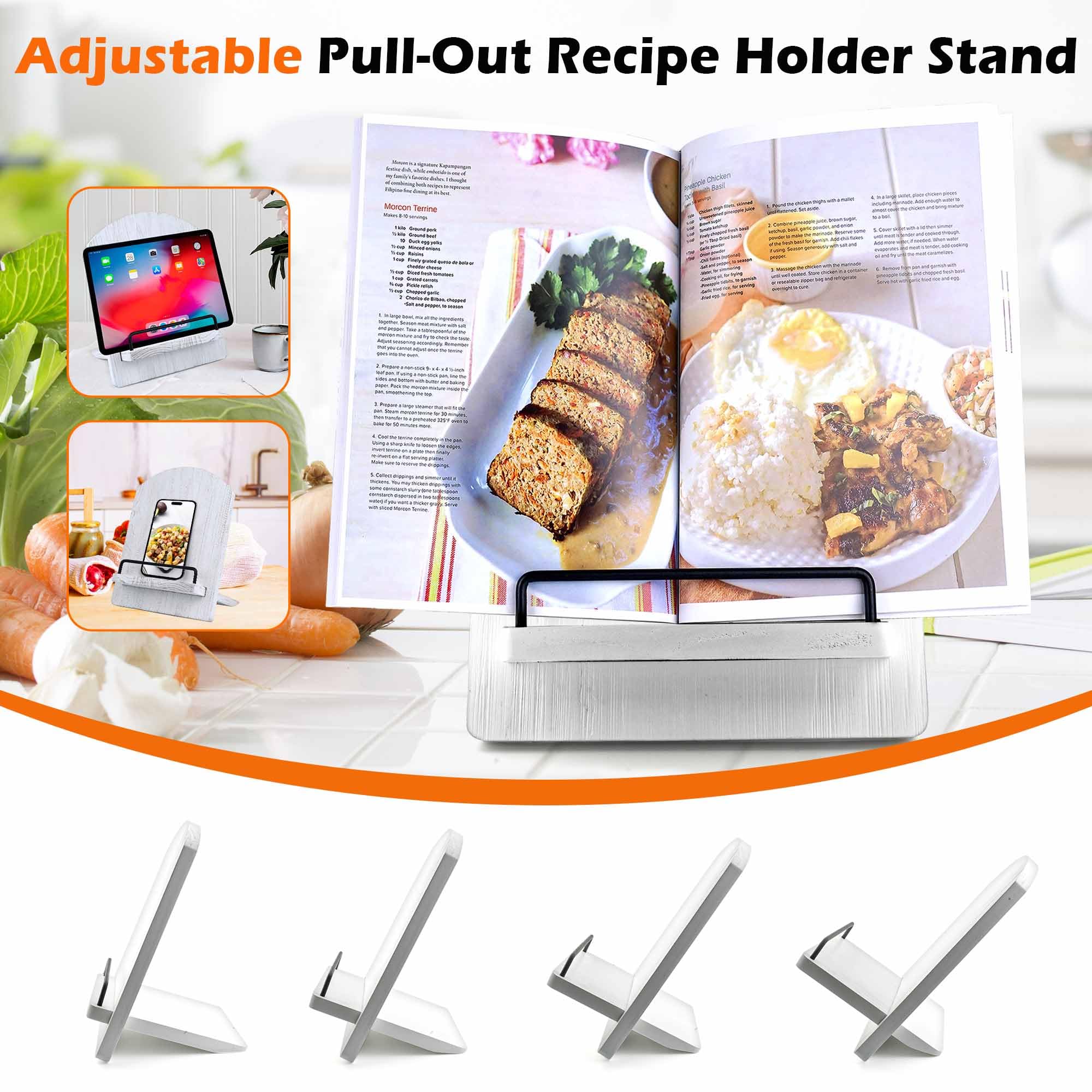 Soporte para libros de cocina, soporte de madera para recetas, soporte para libros de recetas con soporte ajustable, soporte para libros de cocina rústico (lavado en blanco)