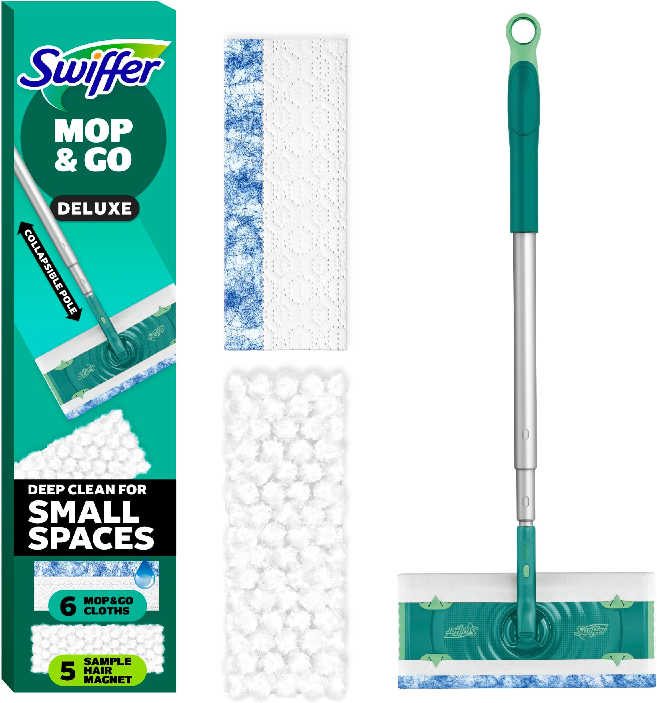 Swiffer Sweep & Mop Deluxe 2-in-1 Floor Mopping and Sweeping Kit, Multi-Surface Kit for Floor Cleaning, Kit Includes 1 Sweeper Device, 5 Heavy Duty Dry Sweeping Cloths, 6 Heavy Duty Wet Mopping Cloths