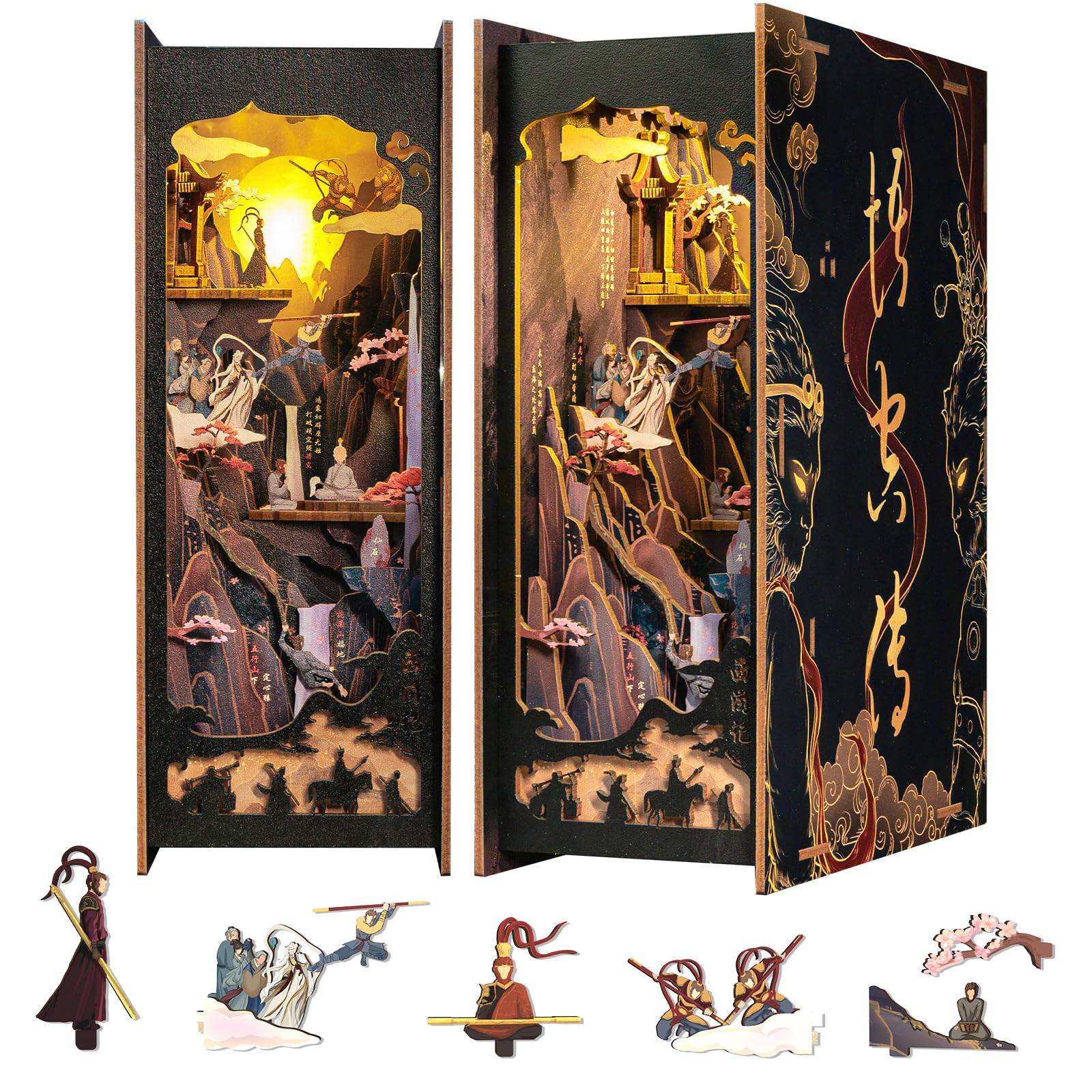 Cutefun Book Nook Kit – Casa delle bambole Kitaus in legno, The Legend of WU Kong, fai da te in miniatura, casa delle bambole, libreria, case, set di modelli con luci a LED, decorazione per libreria