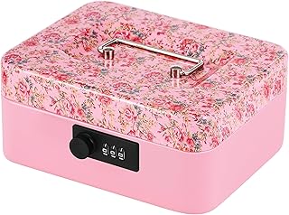 Vintage Floral Cash Box with Combination Lock,Metal Safe and Money Tray for Security,7.87"x 6.30"x 3.54" (Medium)