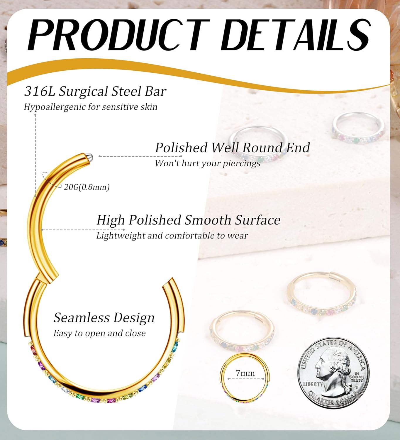 Birthstone Nose Hoops for Women Men-316L Surgical Steel Hinged Nose Hoops 20G Clicker Septum Nose Ring Lip Helix Cartilage Hoop Earring Daith Rook Conch Body Piercing Jewelry 6MM 7MM 8MM 10MM - Image 2