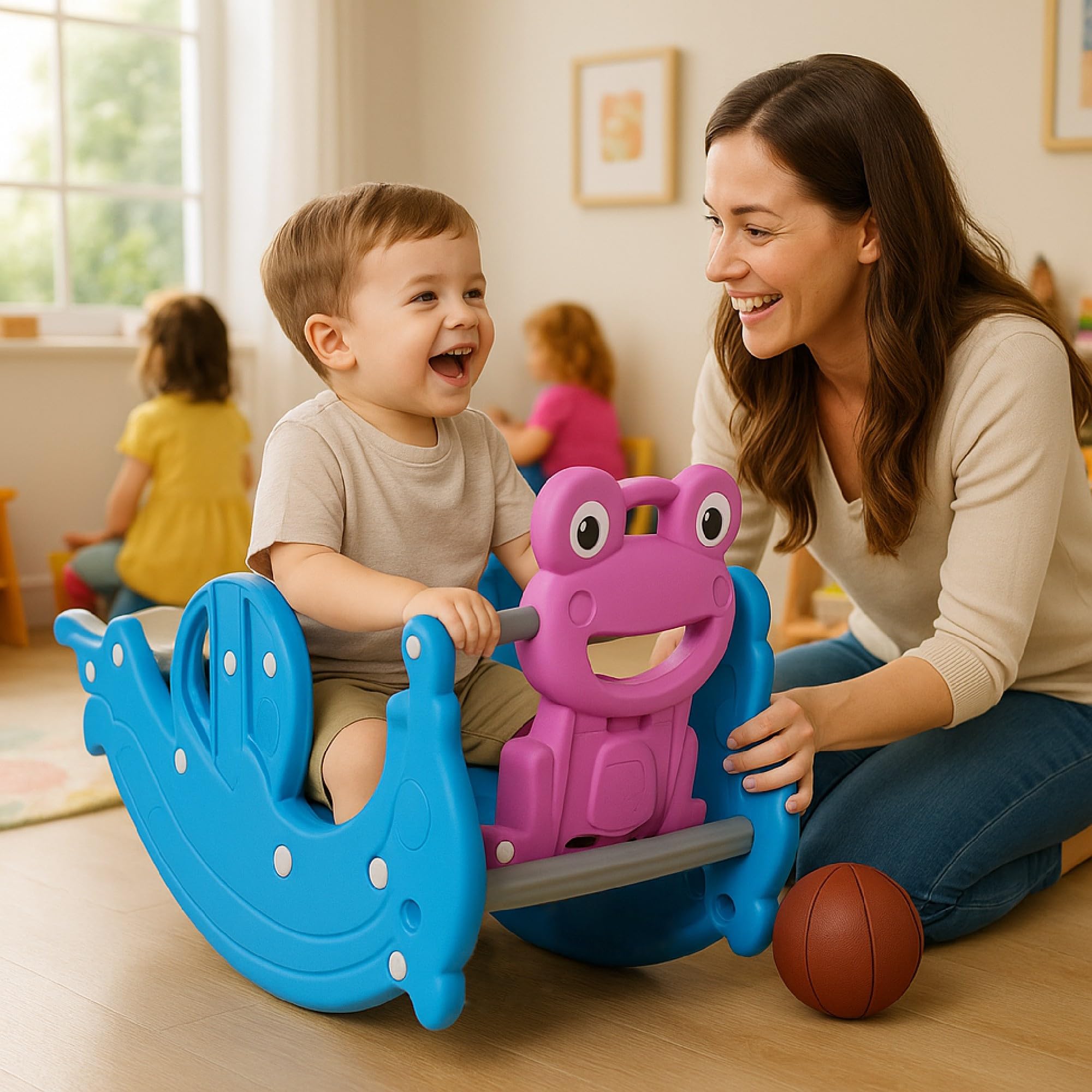 OK Play 3-in-1 Slide Along with Rocker and Basket Ball for Kids (1-7 Years) - Sky Blue & Pink-image-3