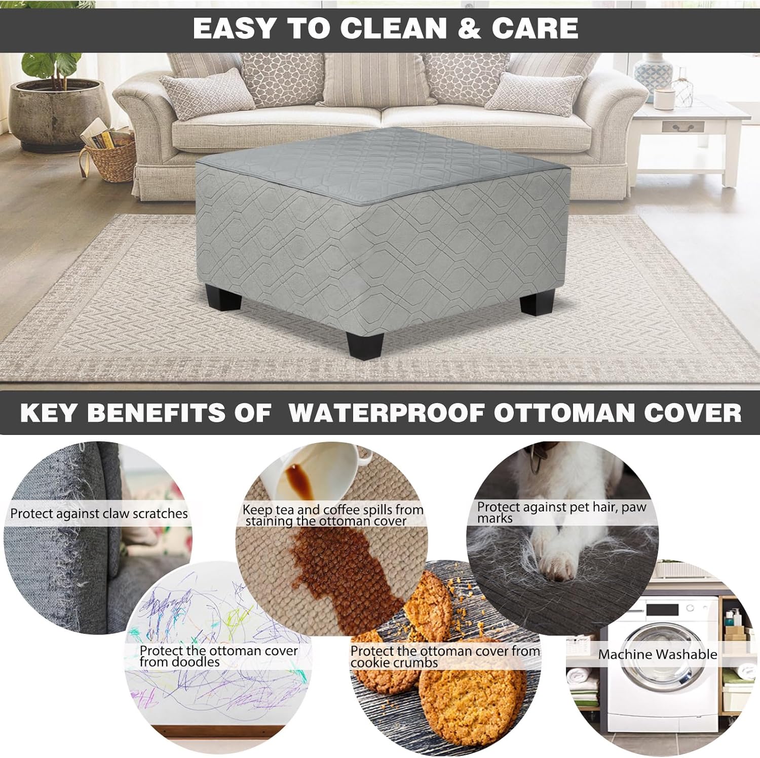 Ottoman Cover Square,Waterproof Square Ottoman Covers Thick Slipcover for Living Room,Washable Storage Footstool Furniture Protector for Dogs,Pets,Light Grey,X-Large