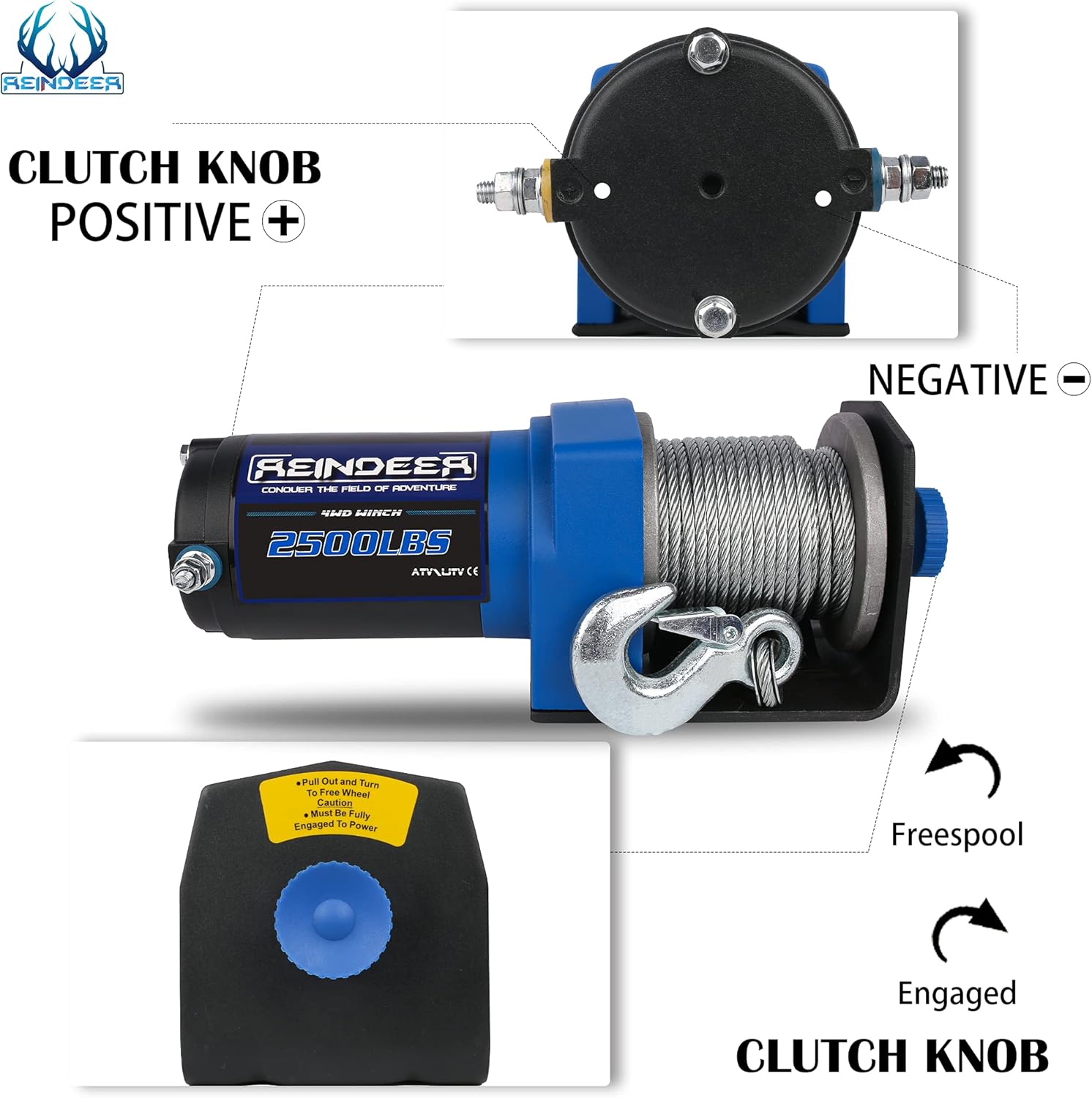 REINDEER New 12V Winch 2500lb Load Capacity Electric Winch Kit for ATV UTV Steel Cable Wire Rope with Hawse Fairlead Waterproof IP67 with Handheld Remotes