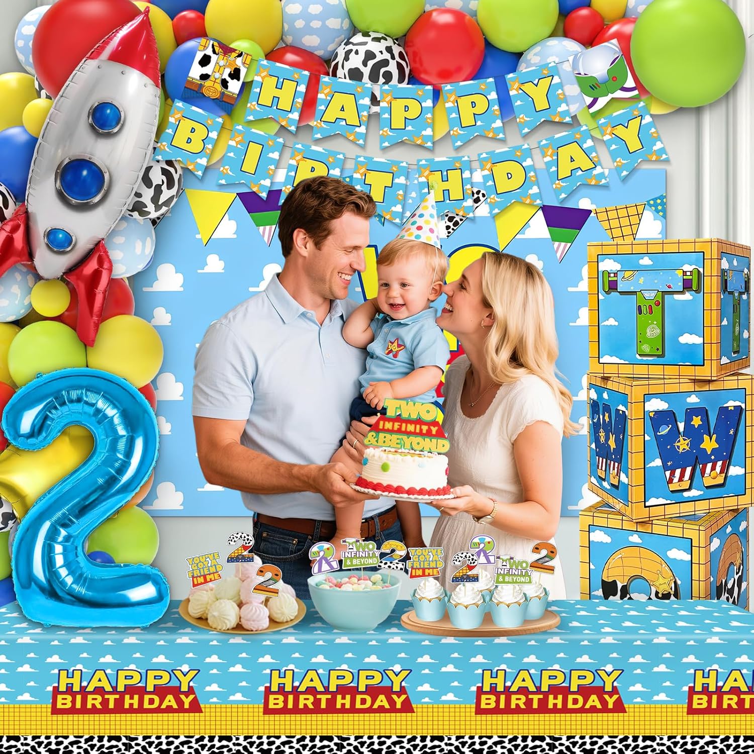 Two Infinity and Beyond Birthday Decorations, 108 Pcs Toy Inspired Story 2nd Birthday Party Supplies Include Toy Inspired Story Balloon Boxes, Banner, Balloons, Backdrop, Cake Topper, Tablecloth