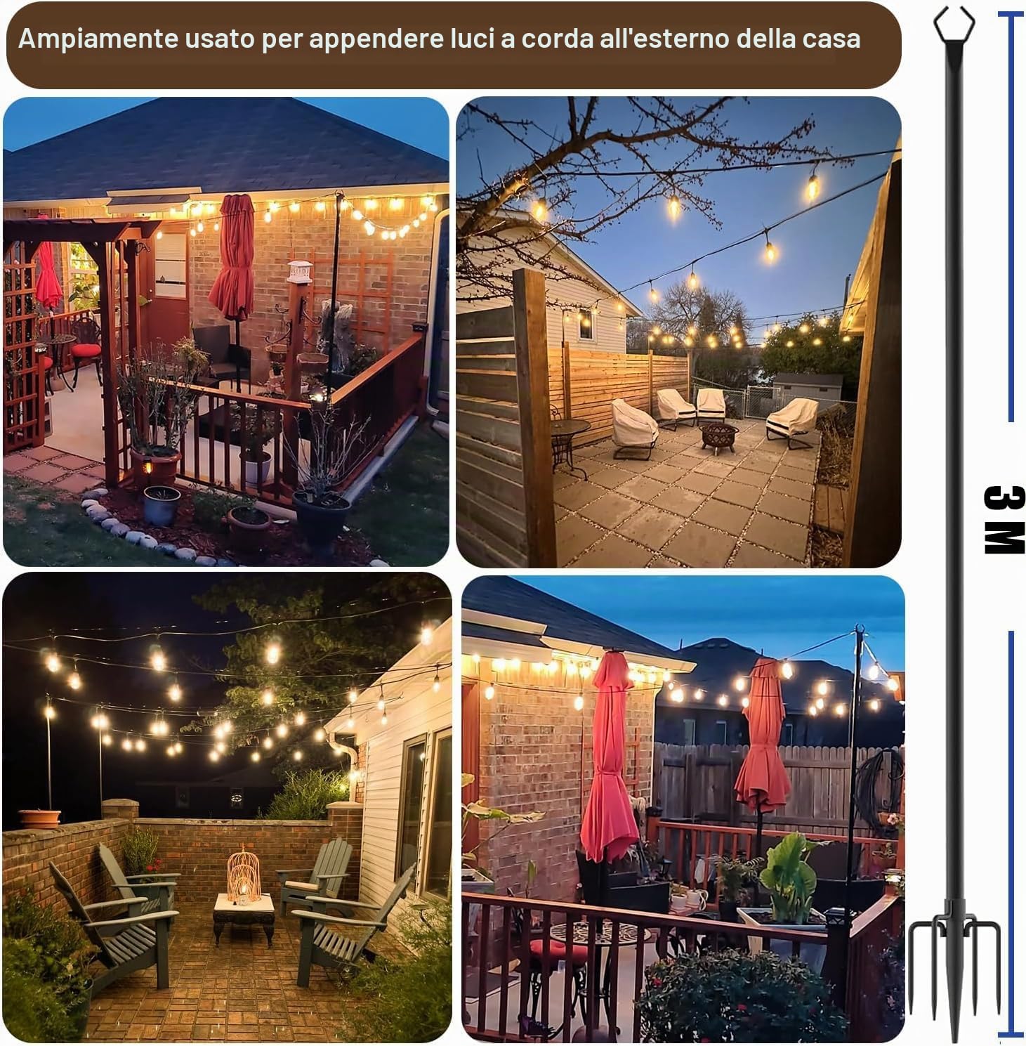 6 pezzi pali per luci a filo 3M per esterni, pali in metallici con forcella, per patio, pergola, giardino, cortile