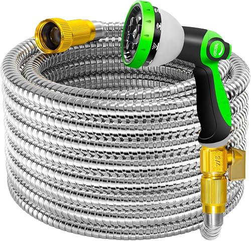 Junredy 50FT Garden Hose Stainless Steel, Heavy Duty Flexible Metal Water Hose with 10-Function Nozzle, Lightweight & No-Kink Garden Hose, Durable Solid Fittings for Lawn, Car, RV, Outdoor Watering