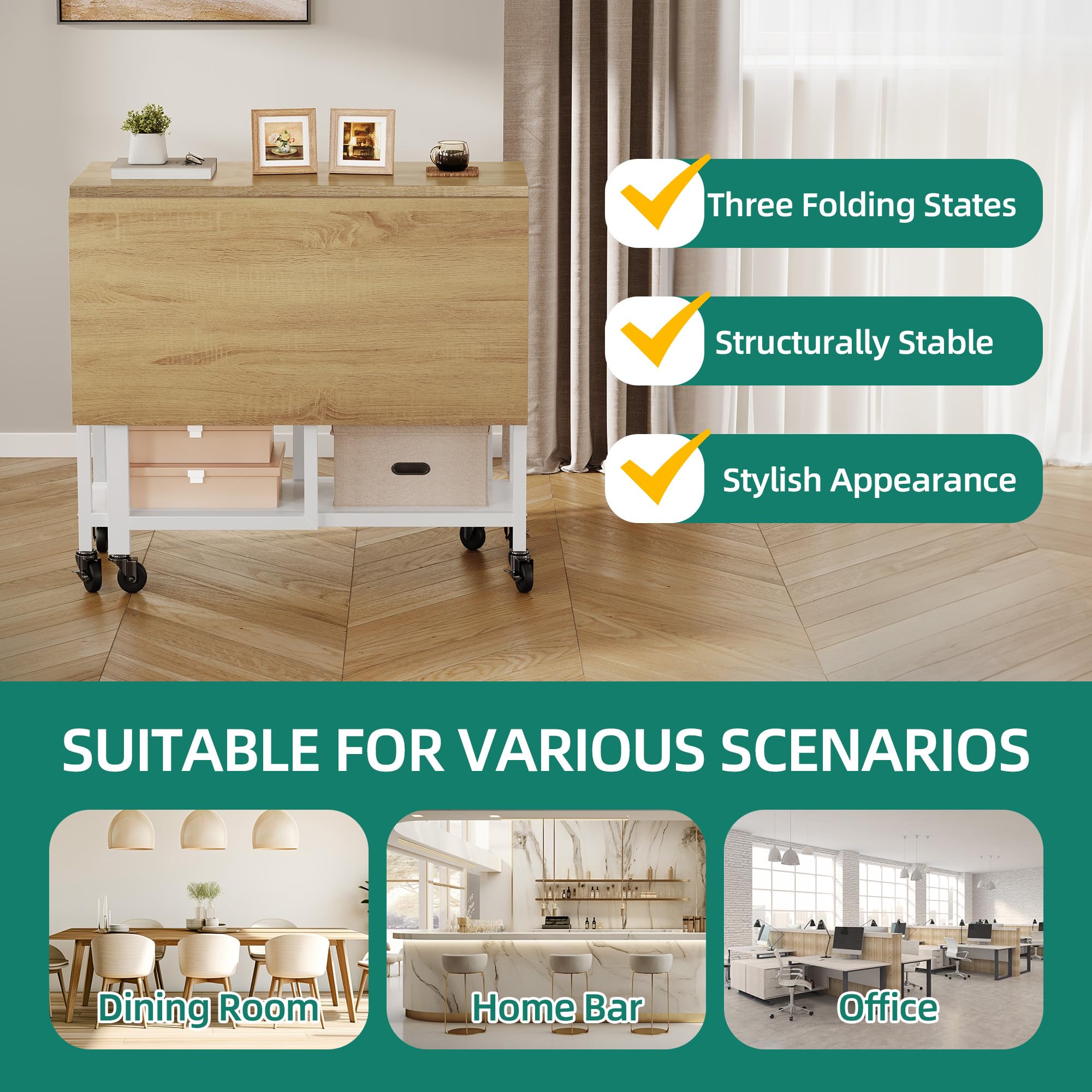 YITAHOME Table de Salle à Manger Pliable, Table Rabattable Mobile avec 6 roulettes et tiroirs de Rangement pour Petits espaces, Cuisine, Salle à Manger, Chêne Jaune et Blanc