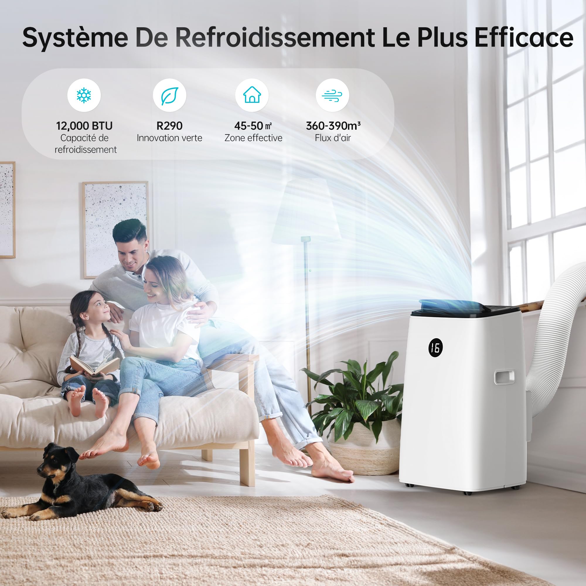 DOMANKI Climatiseur mobile 12000 BTU, clim portable 3-en-1 jusqu’à 50 m², mode nuit 48 dB, déshumidification 42 L/jour, tuyau d’évacuation, kit fenêtre inclus, minuteur 24h