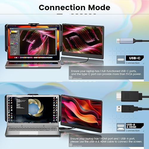 domyfan 14" Laptop Monitor, FHD 1080P IPS Dual Laptop Screen, HDMI/USB-A/Type-C Plug and Play for Windows,Mac,Chrome,Android, Xbox, PS5, Work with 13.3"-17" Laptops - 6