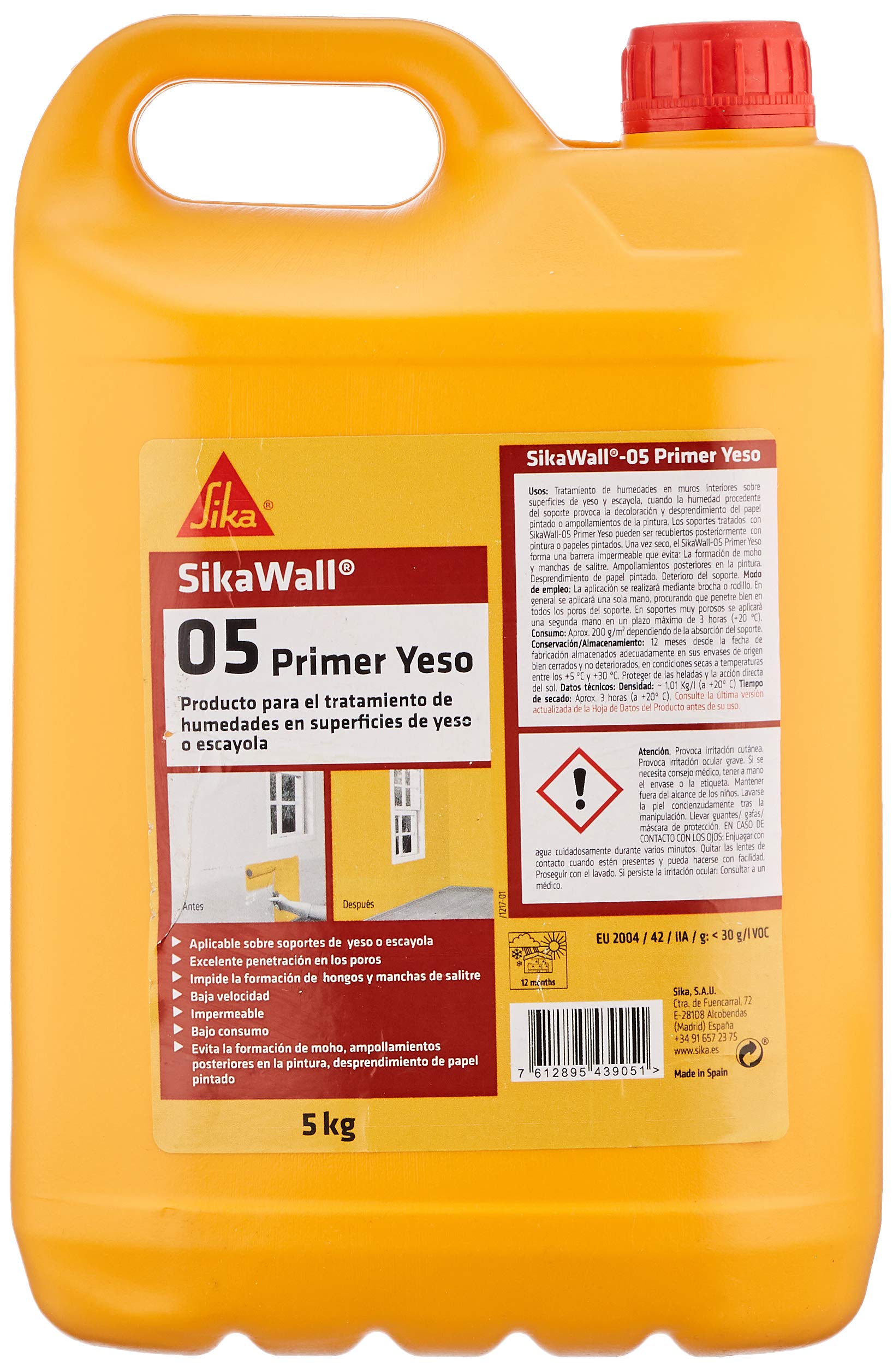SIKA - Resina acrílica para yeso - SikaWall-05 Yeso - Blanco - 5kg | Para tratamiento de humedades en yeso - Lista para usar - Aplicación en muros interiores