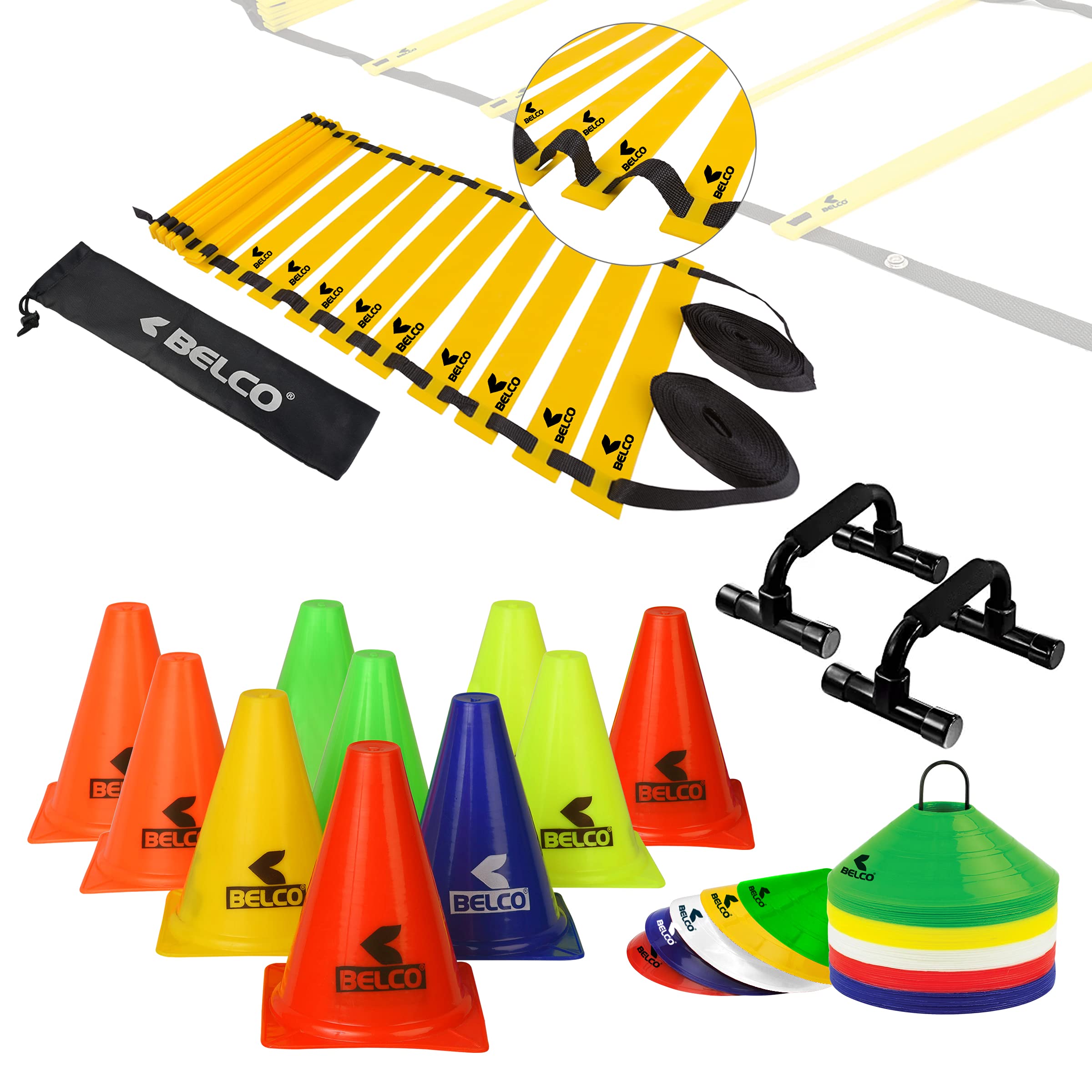 BELCO Sports PVC Cones Pack 10, 20 Space Markers and 8 Meter Ladder with Pushup Stand Agility Combos (Multicolor, 6 Inch)