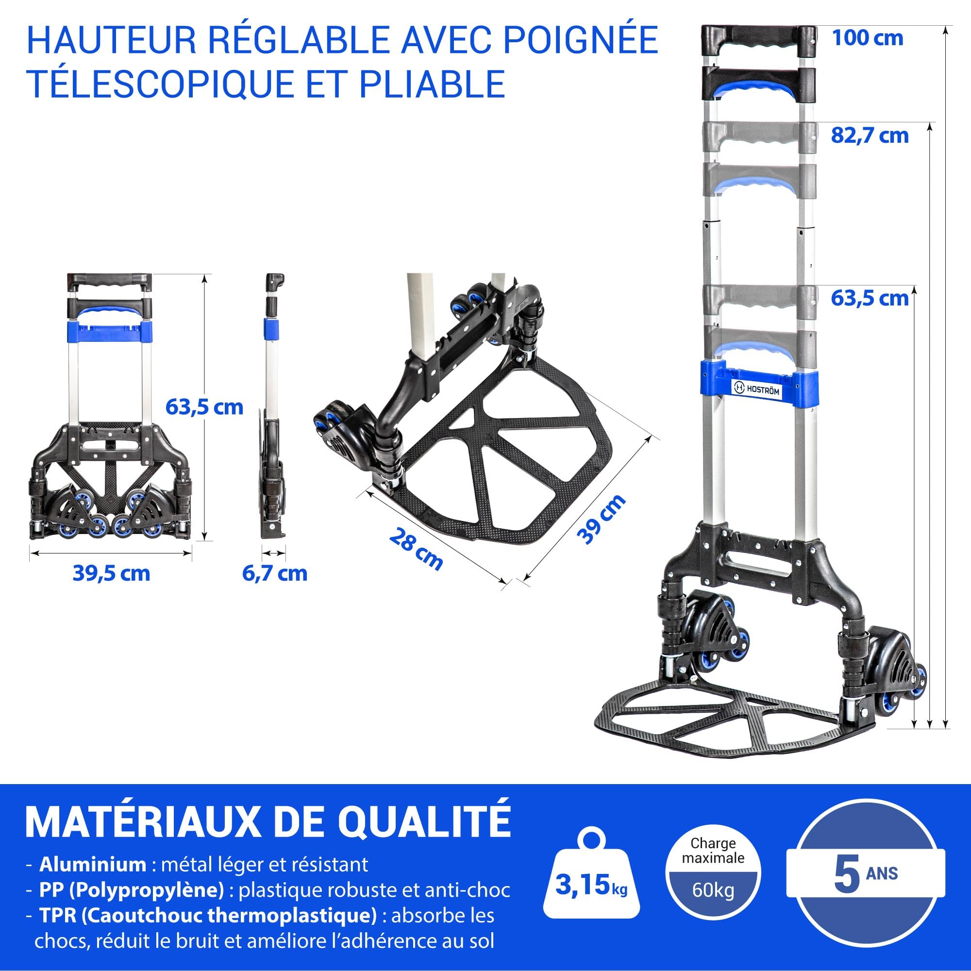 HOSTRÖM Diable Pliant escalier en Aluminium, 3 Roues Diable Pliable Demenagement et Transport de matériau, Compact, Charge Max. 60kg, Garantie 5 Ans