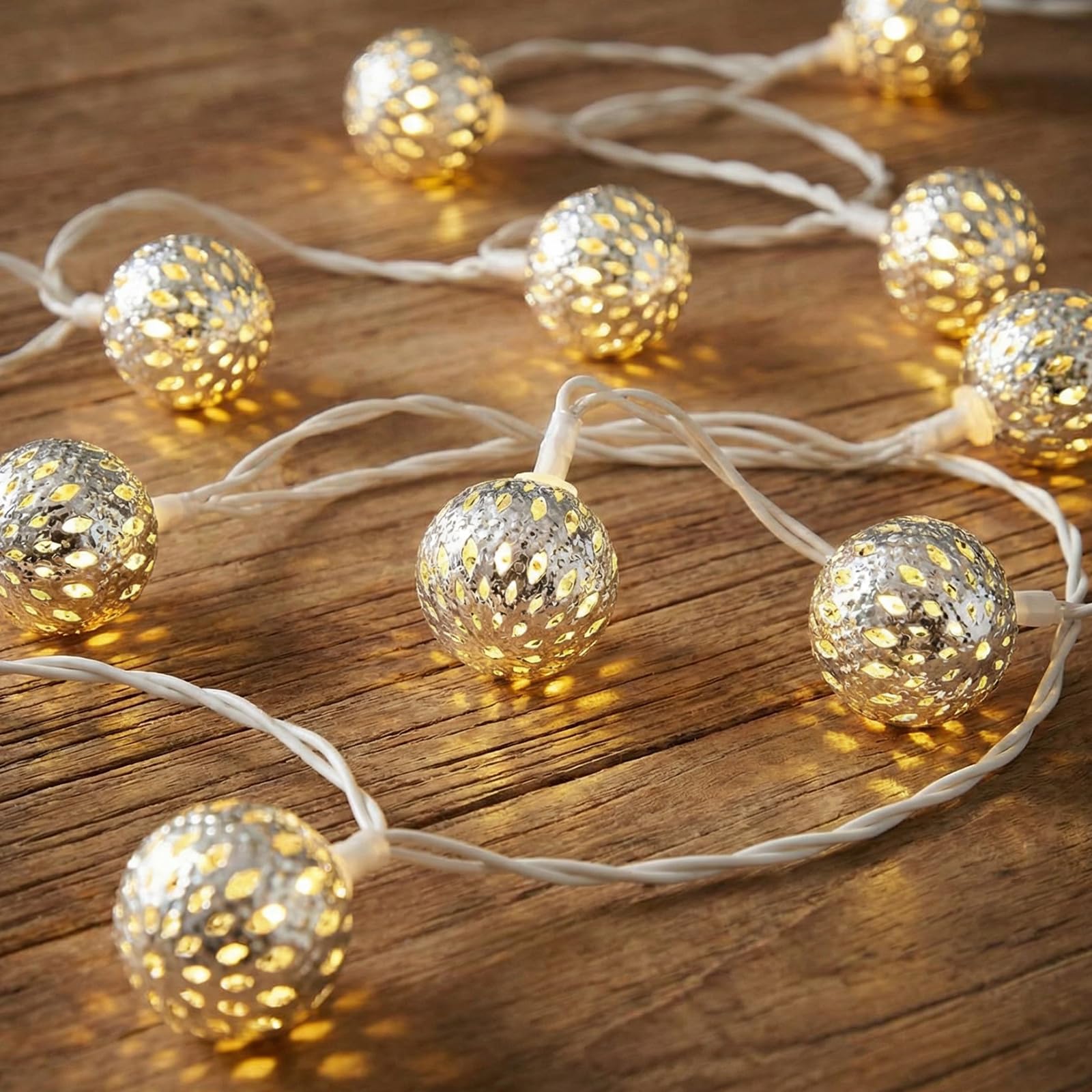 8.5Ft Moroccan String Lights, Plug in Moroccan Decorative String Ligths Indoor with 10 LED Silver Metal Ball Bulbs, Hanging Globe Fairy String Lights Waterproof for Home, Party, Ramadan Day, Xmas Tree
