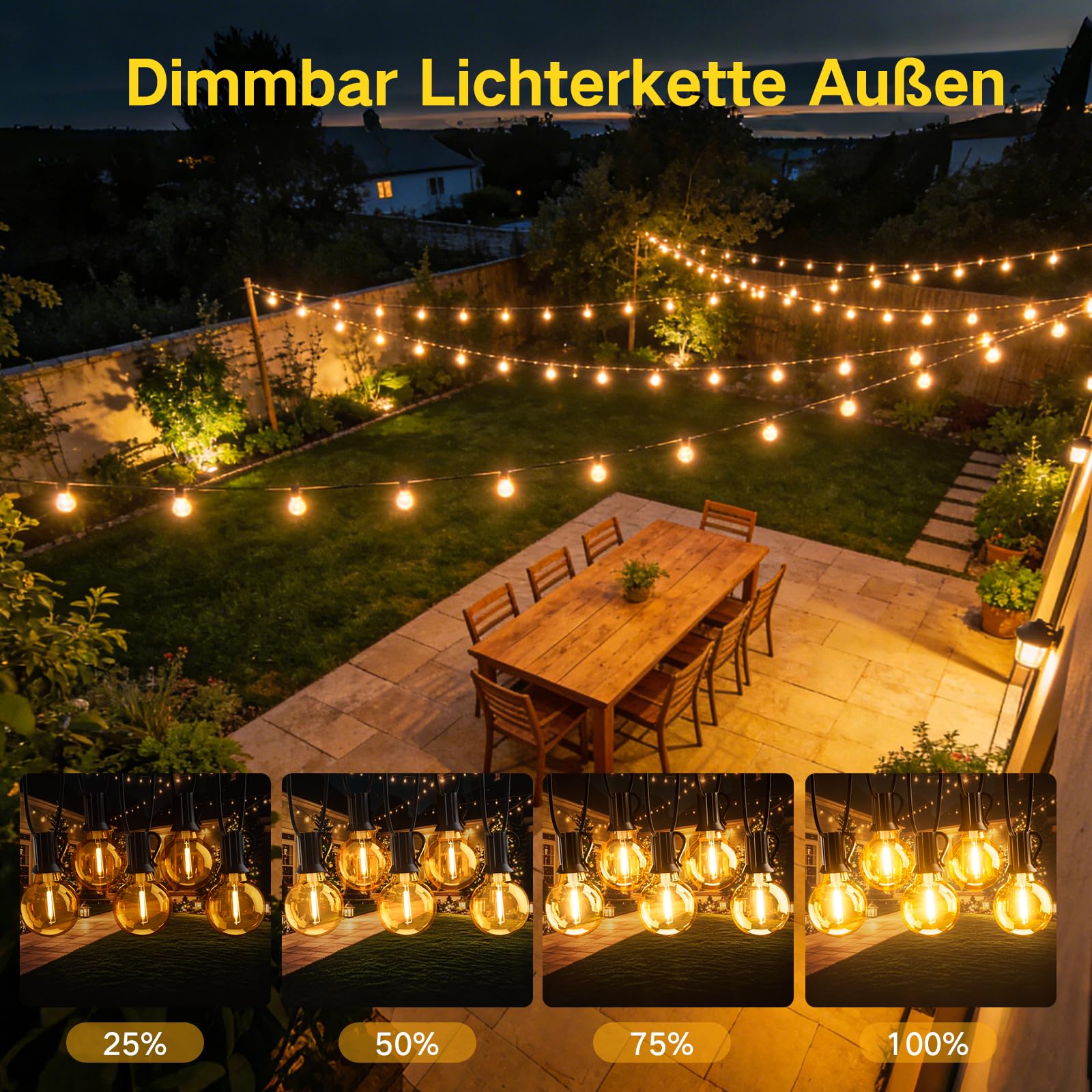 Lichterkette Außen Strom 45m, Dimmbar & Timer LED Lichterkette Outdoor mit Fernbedienung, IP65 Wasserdicht Lichterketten Glühbirnen, Außenbeleuchtung für Garten Pavillon Terrasse Balkon Party Draußen