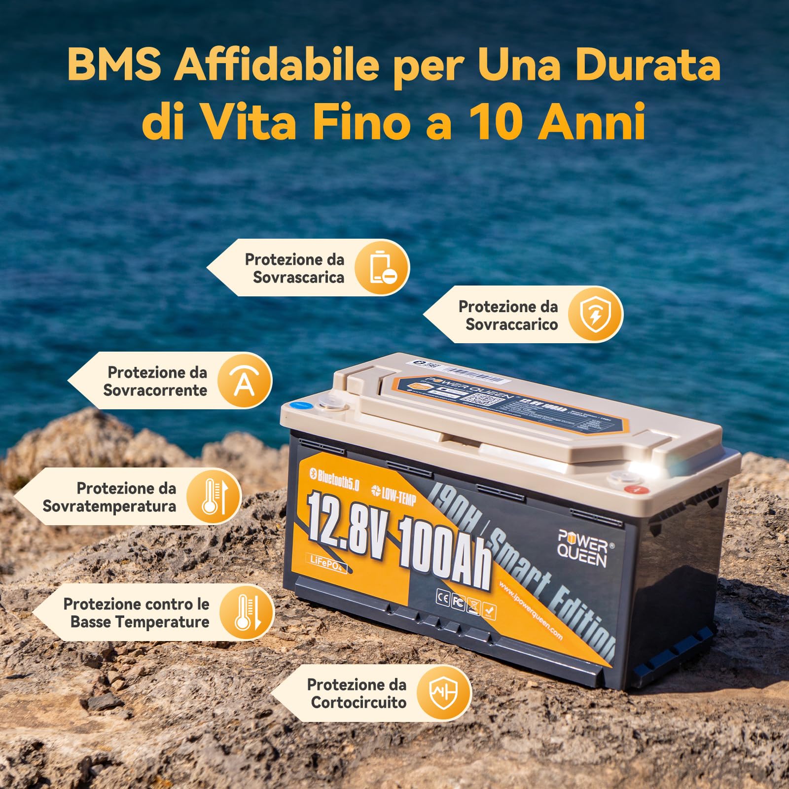 Power Queen Batteria al litio Bluetooth 12V 100Ah H190, 100A BMS con Bassa Temp Protezione, 4000+ Cicli Profondi, per Campeggio, Roulotte Viaggi, Vita a Barca, Sistema Solare - 1 Pezzo